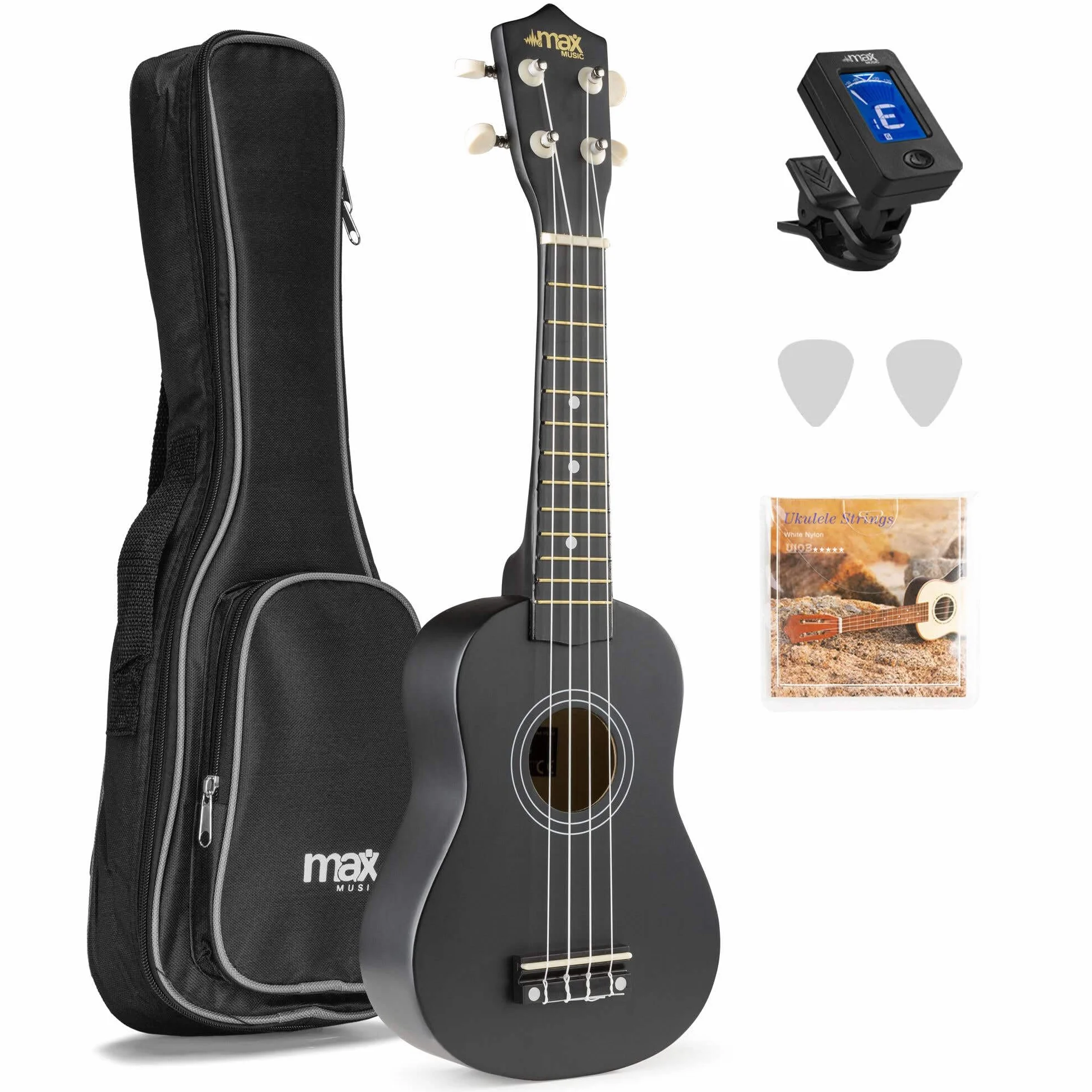 MAX UKEY Set de Ukelele soprano fabricado en madera de Tilo - ukelele adulto Incluye: guitarra ukelele de madera de 21 pulgadas, bolsa de ukulele, púas, afinador y cuerdas de repuesto - Color Negro