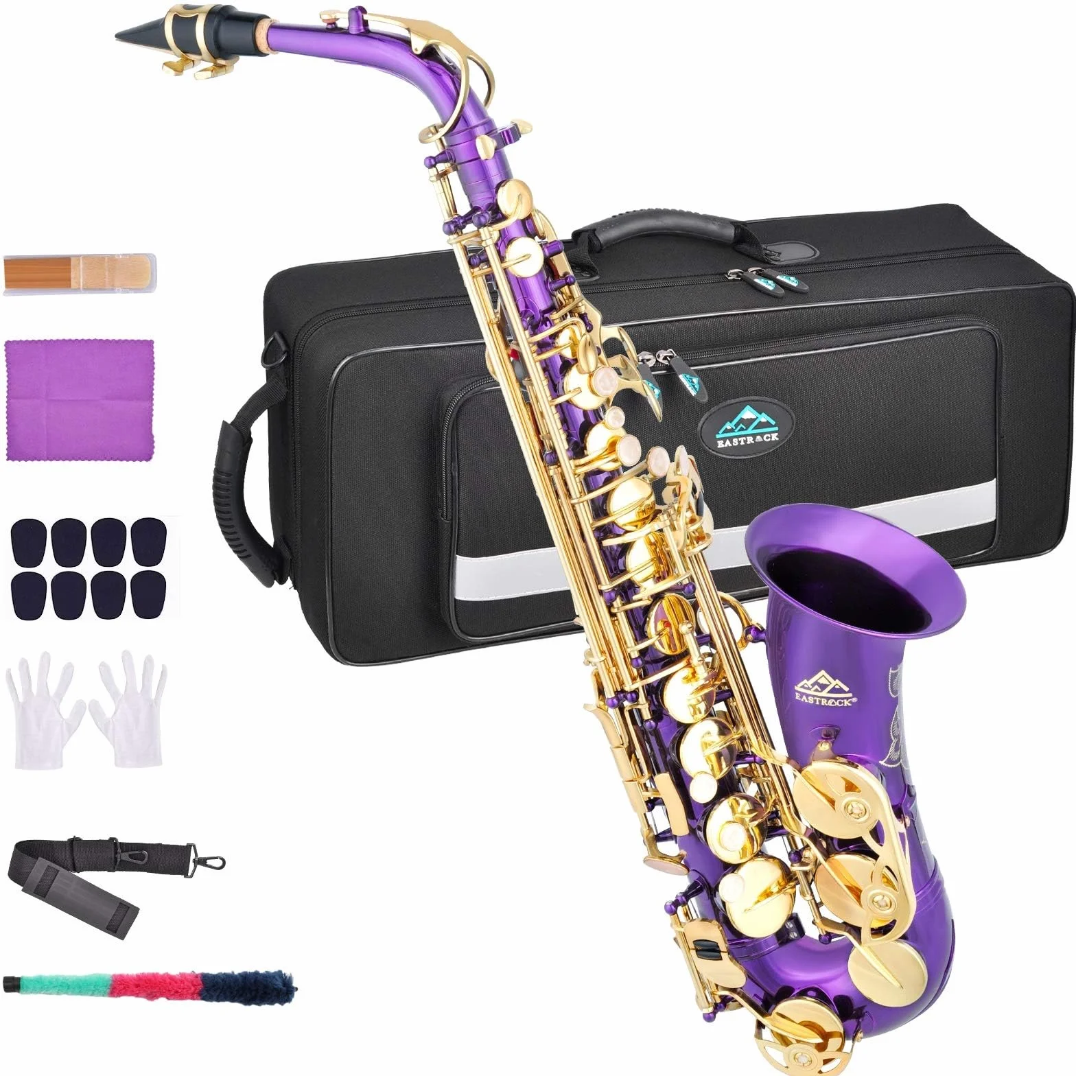 EASTROCK Kit completo de saxofón alto e plano para estudiantes principiantes con funda de transporte, boquilla, almohadillas para boquilla, guantes blancos, correa para el cuello