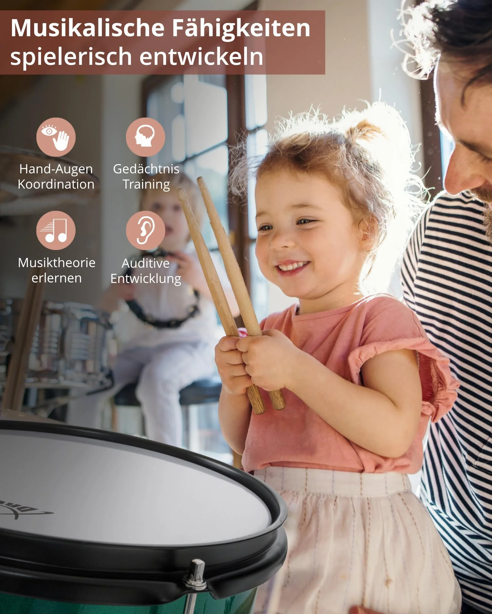 XDrum Junior Pro Batería Infantil Emerald Green Sparkle - adecuada de 5 a 9 años - Set de batería con accesorios completos - incl. escuela - verde