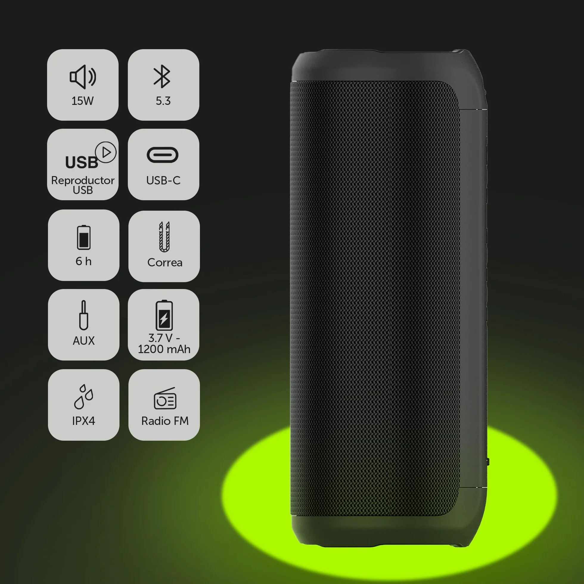 Vieta Pro Altavoz portátil Bluetooth Solaris BT - Sonido Potente de 15W, Radio FM, Resistente al Agua IPX4, Entrada AUX y USB, Micrófono con Manos Libres y Reproductor USB Player