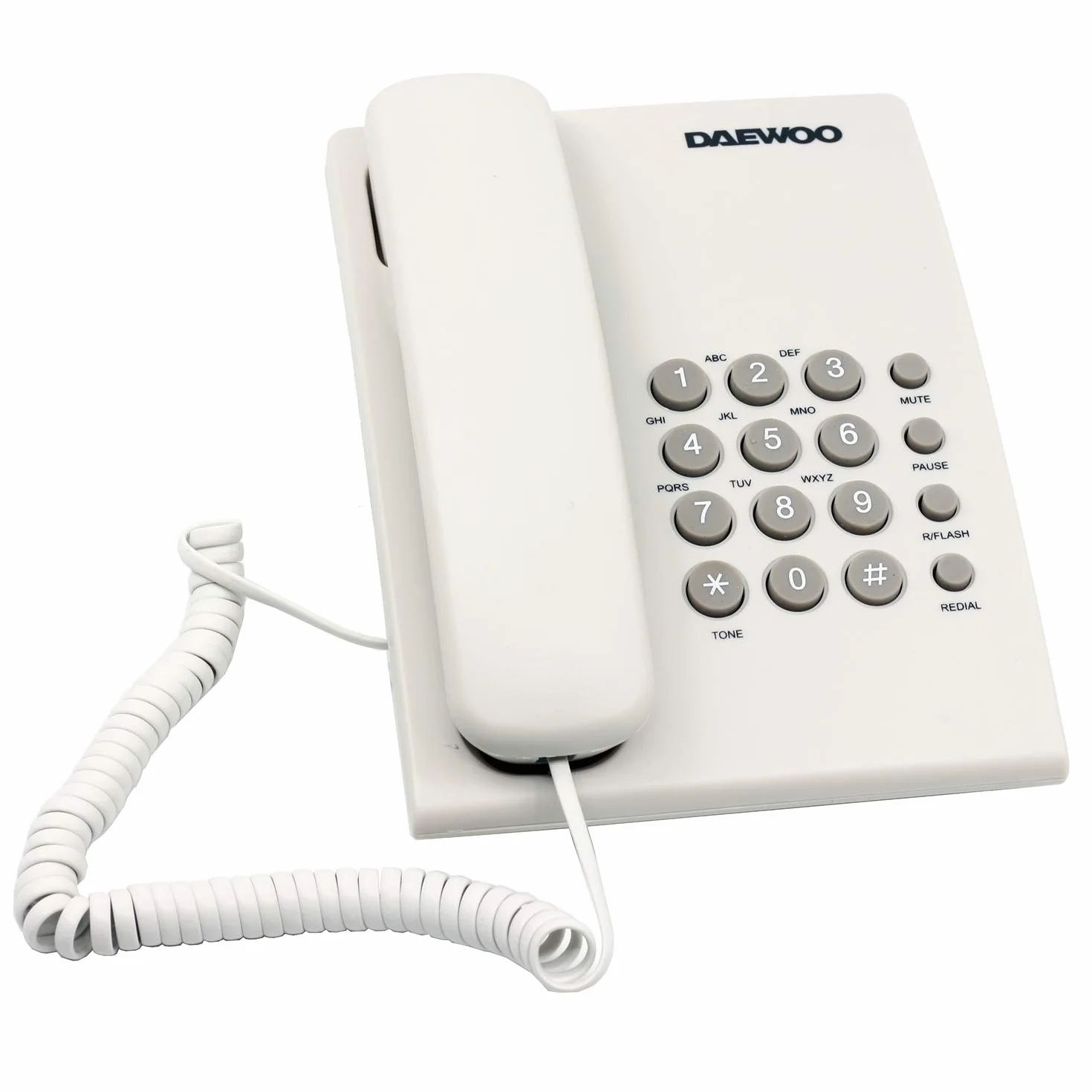 Daewoo Teléfono Fijo DTC-215, Fácil de Usar, Rellamada, Mute, Volumen Ajustable, Blanco