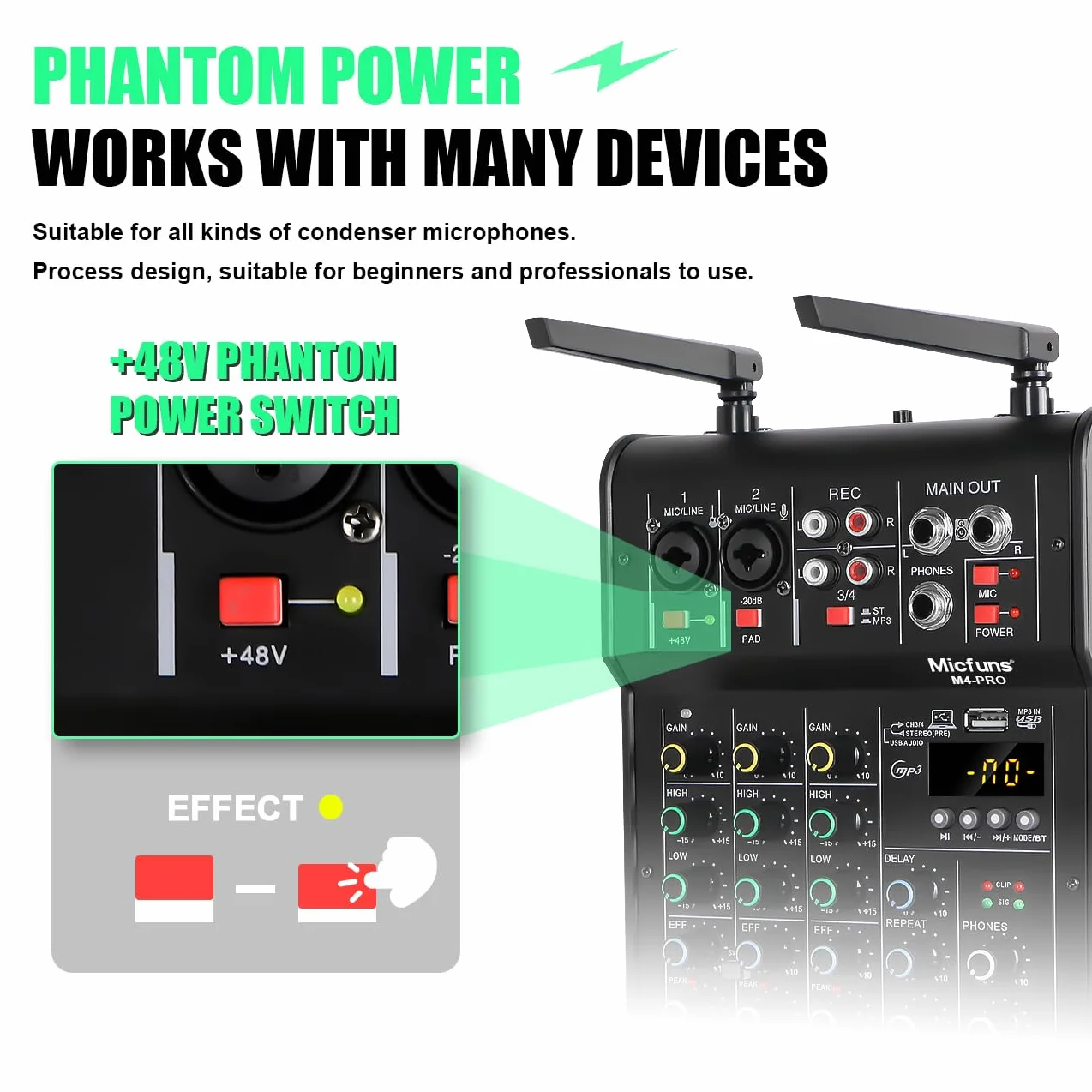 M4pro - Mezclador de audio, mezclador de 4 canales con micrófono inalámbrico dual, consola de placa de sonido, MP3, Bluetooth, 48 V, alimentación fantasma, USB, mezcla de DJ para el hogar,
