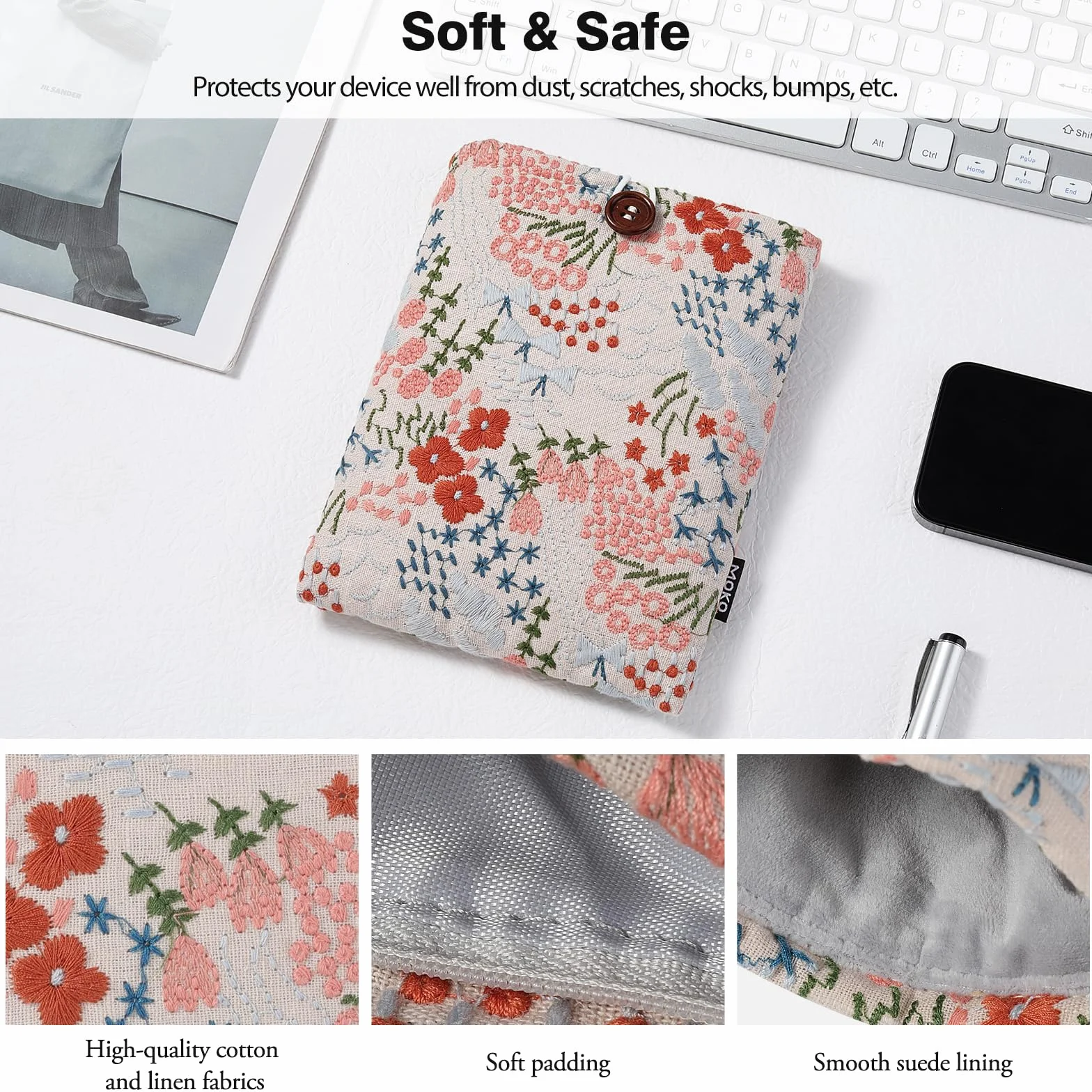 MOKO Bindle Pouch para Kindle Colorsoft, Paperwhite 12th Gen 2024, Kindle 2022-2016, Oasis/Voyage/Kobo Ereader, Flor Beige