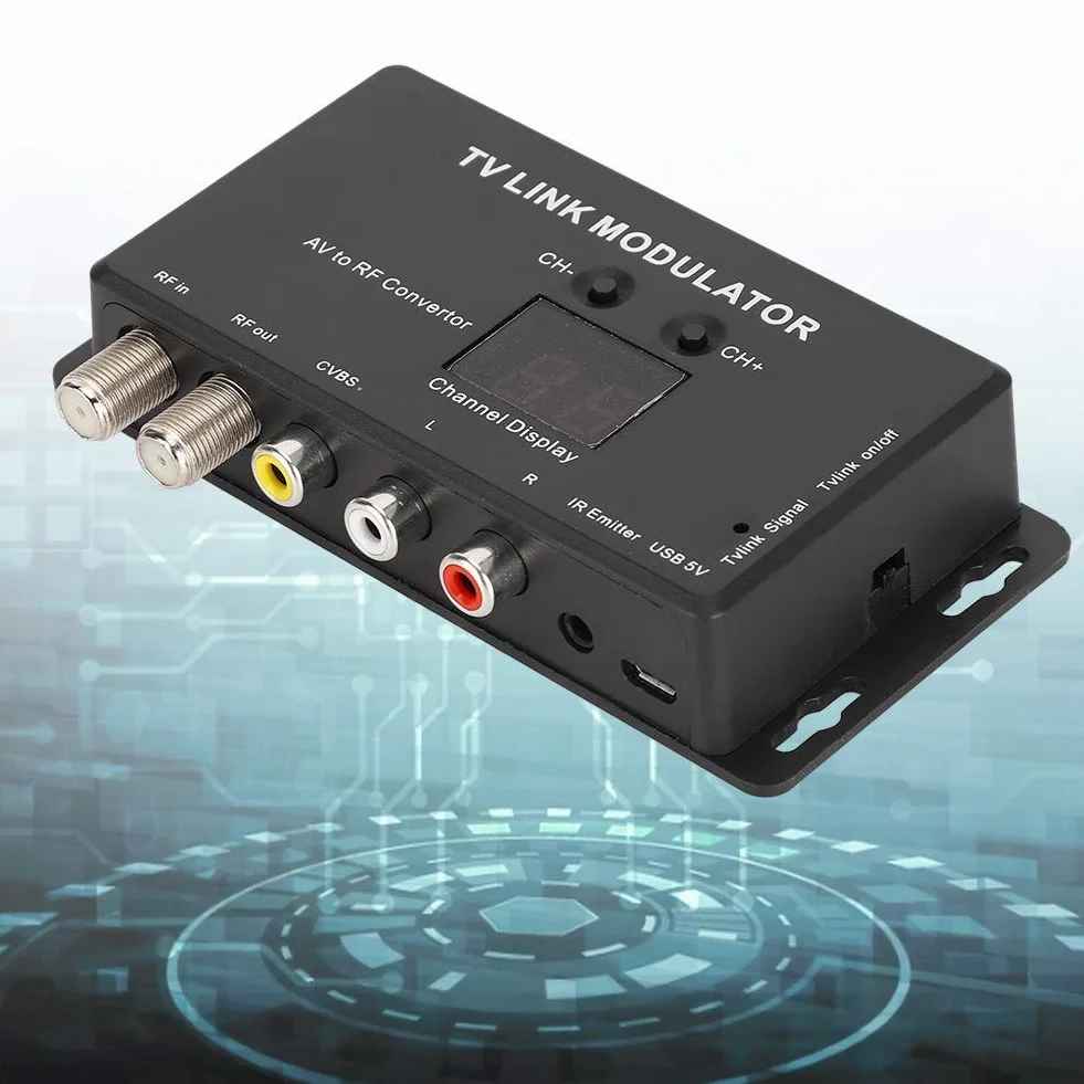 Convertidor AV a RF, Mini TV Link Modulator IR Extender, Modulador UHF con Nivel de Salida de Audio/Video Ajustable, Compatible con decodificador, Fuentes de A/V