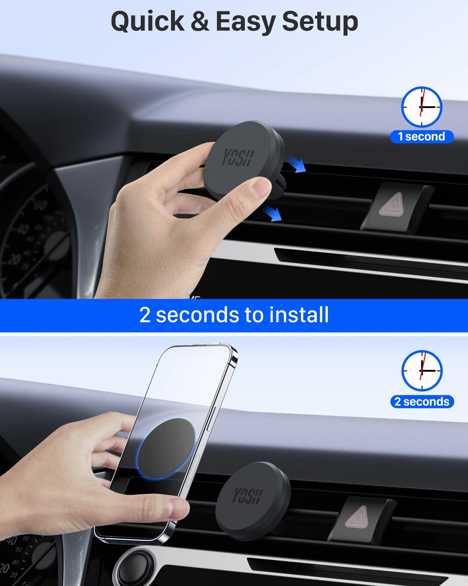 YOSH Soporte Movil Coche Iman, Soporte Magnetico Telefono Coche para Aire Ventilacion, Imanes Mejorados Mas Fuertes & Super Estable, Compatible con iPhone Samsung Huawei, Incluye Placas Metalicas