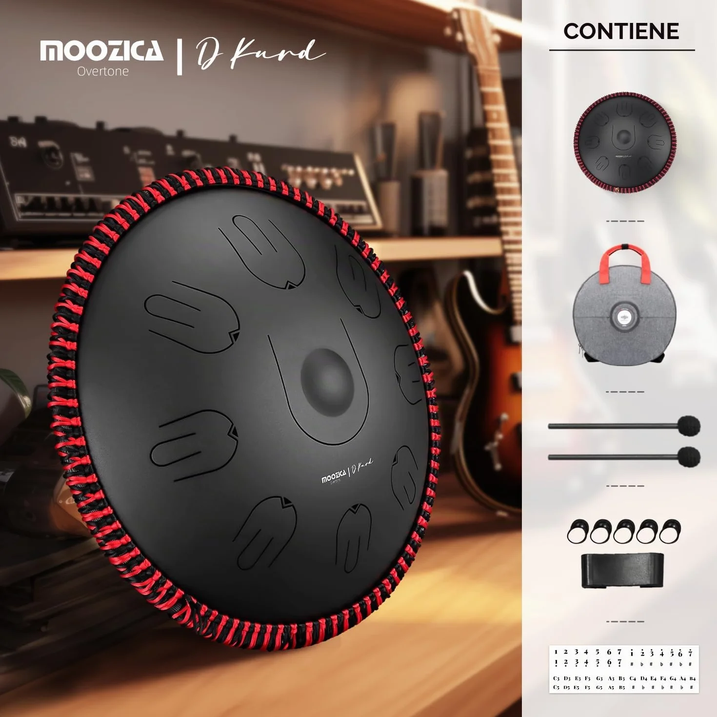 MOOZICA Steel Handpan Tongue Drum, 14 Pulgadas 17 Notas en D Minor con Diseño de Sobretono de Octava, Instrumento de Percusión de Tambor Manual con Bolsa de Transporte (D kurdo, negro)