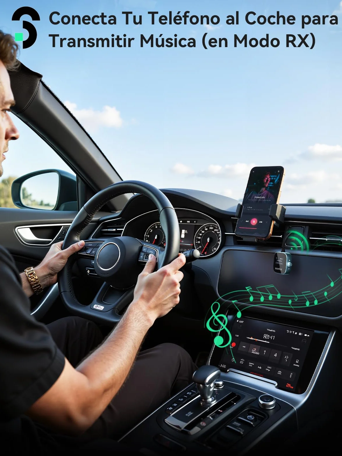SOOMFON Transmisor Receptor Bluetooth 5.3, 2 en 1 Adaptador Bluetooth Jack 3.5 Baja Latencia & HD, Esmisor Audio Doble Conexión con Pantalla LCD, Receptor para TV/Avión/Coche/Auriculares/Altavoces