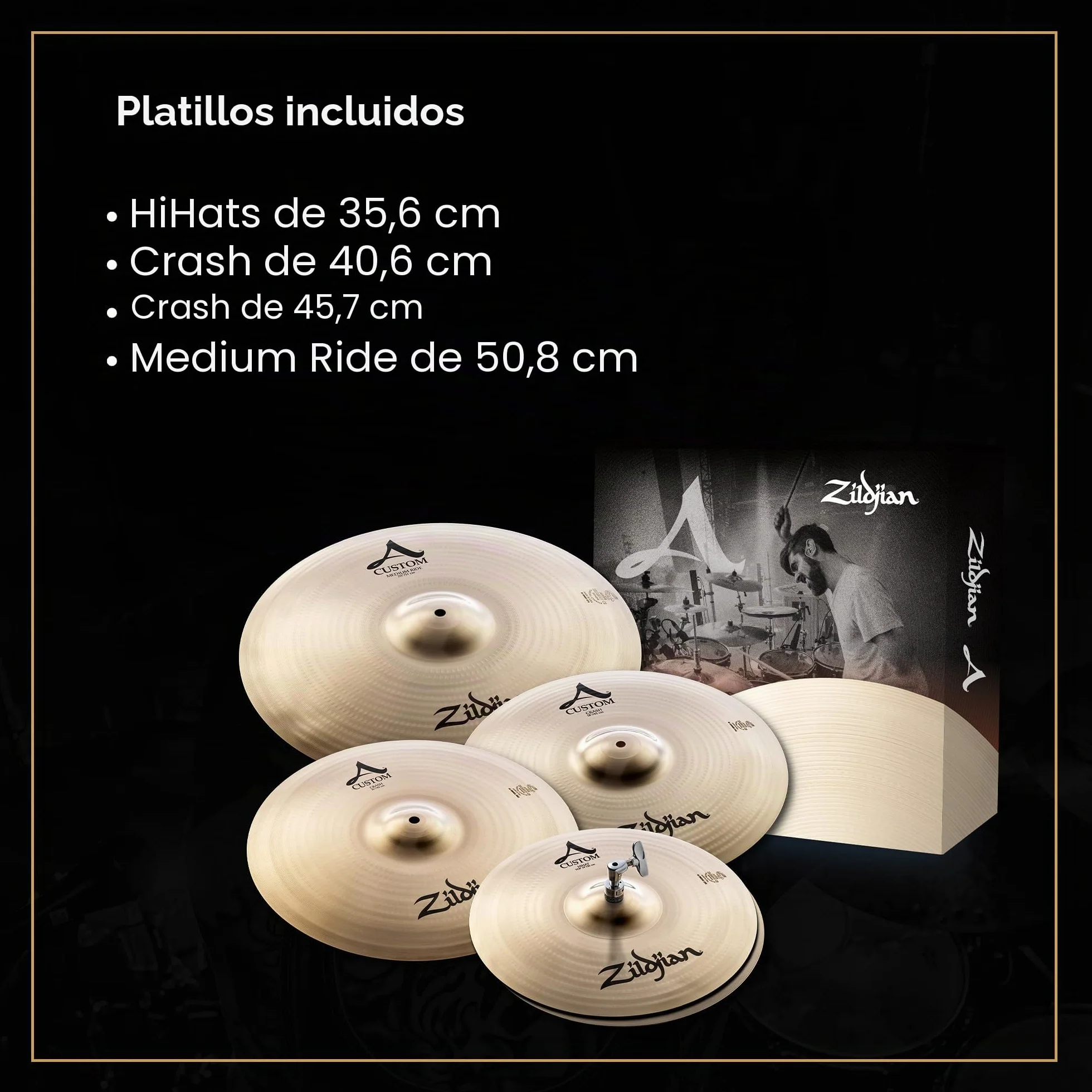 Zildjian A20579-11 A Custom Series Cymbal Box Set - 14" Hi-Hats, 16"/18" Crash, 20" Medium Ride, 4 Paquetes