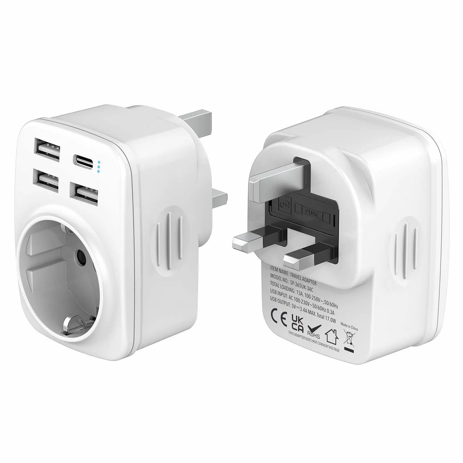 Hoppac Adaptador Enchufe UK,Adaptador Enchufe Ingles a EspañOl con 3USB A y 1USB C,Adaptador De Viaje Multifuncional 5 en 1 para UK,Singapur,Dubai,Tipo G