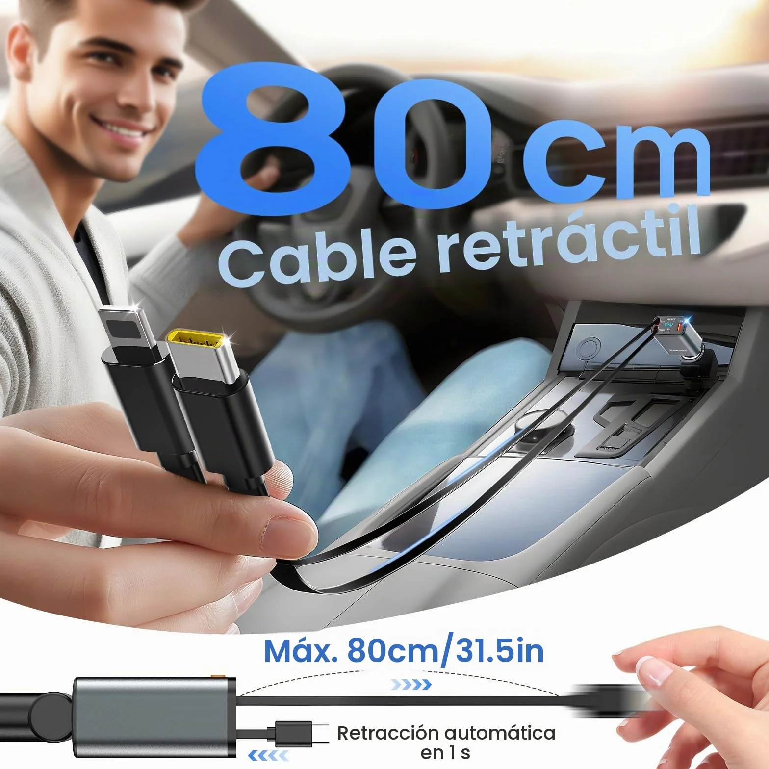 SEANCHEER Cargador Coche USB C Transmisor FM Bluetooth, Cargador Mechero 69W 2 Cables Retráctiles, Bluetooth 5.3, USB Mechero 24V/12V (Gris [C+Lightning])