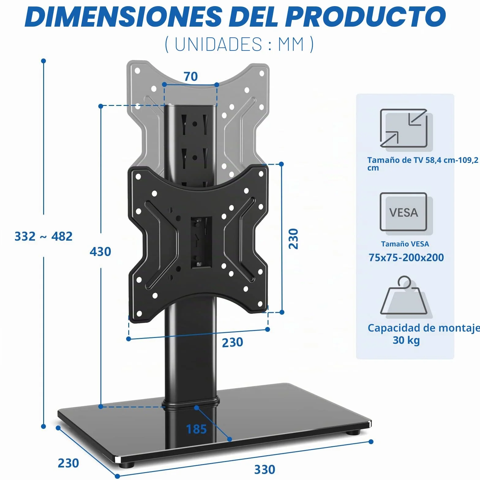 RFIVER Soporte Pie TV de Mesa Peanas para TV de 23 a 43 Pulgadas con Giratorio y Altura Ajustable | MAX vesa 200 x 200 mm 30KG