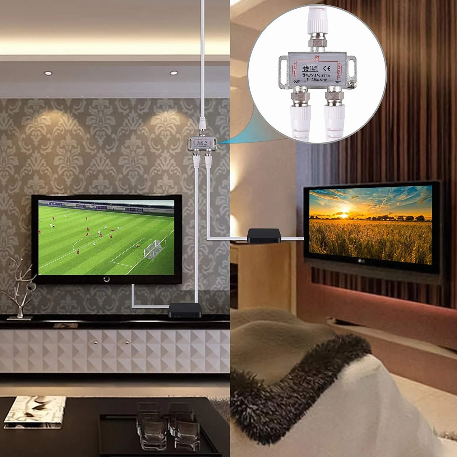 2 Vías Divisor de TV SAT 5-2500MHz Adaptador de Enchufe F Cable Distribuidor de Antena Splitter SAT Distribuidor de TV + 2 x Cable 1,5 m + 1 x F al Adaptador Coaxial + 1 x F a F Inline Joiner