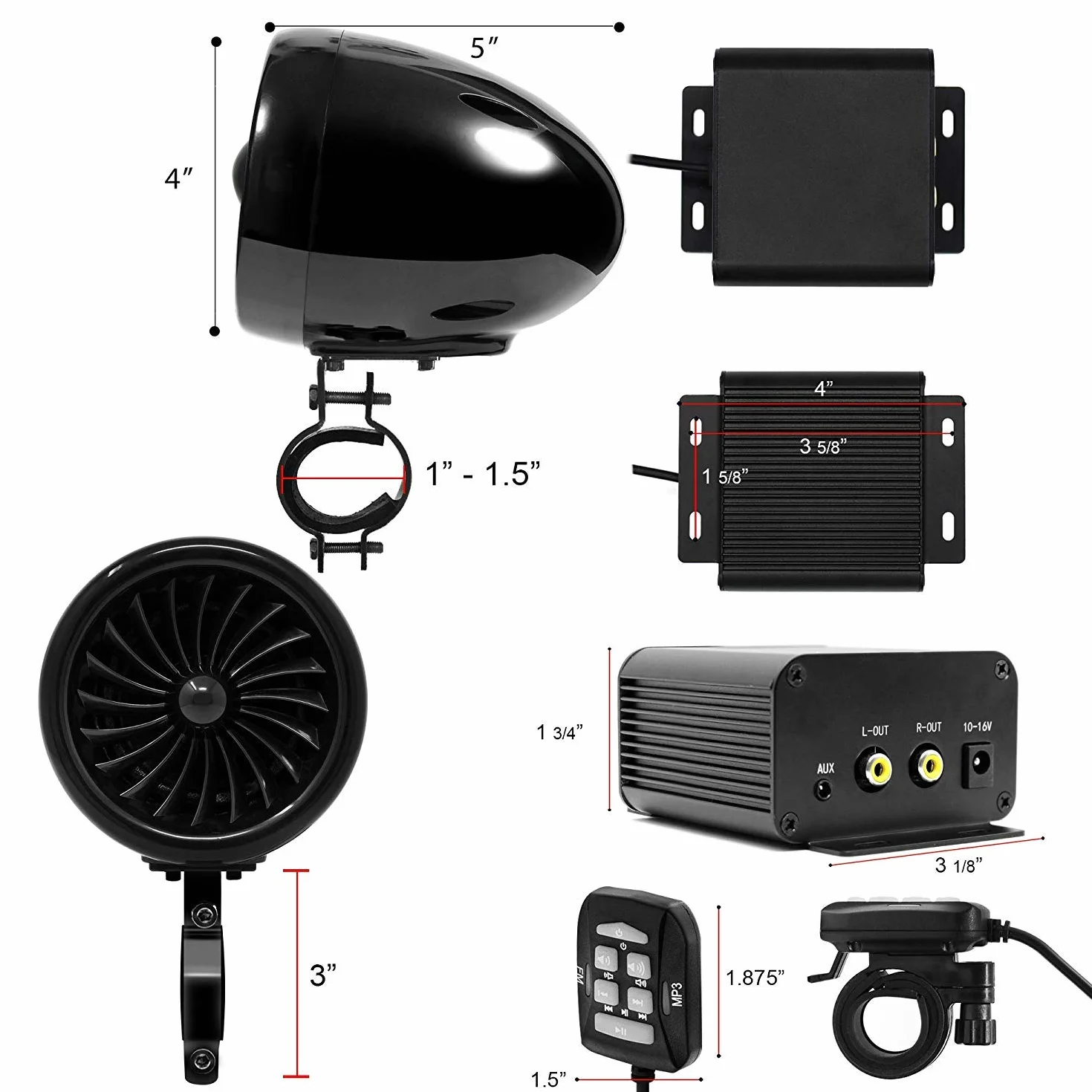 M150 Sistema de Audio con Amplificador de Moto con AUX, MP3, Radio FM, 4 Pulgadas de Altavoces estéreo Bluetooth Impermeables para Motocicletas ATV UTV RZR (Negro, Ventilador)