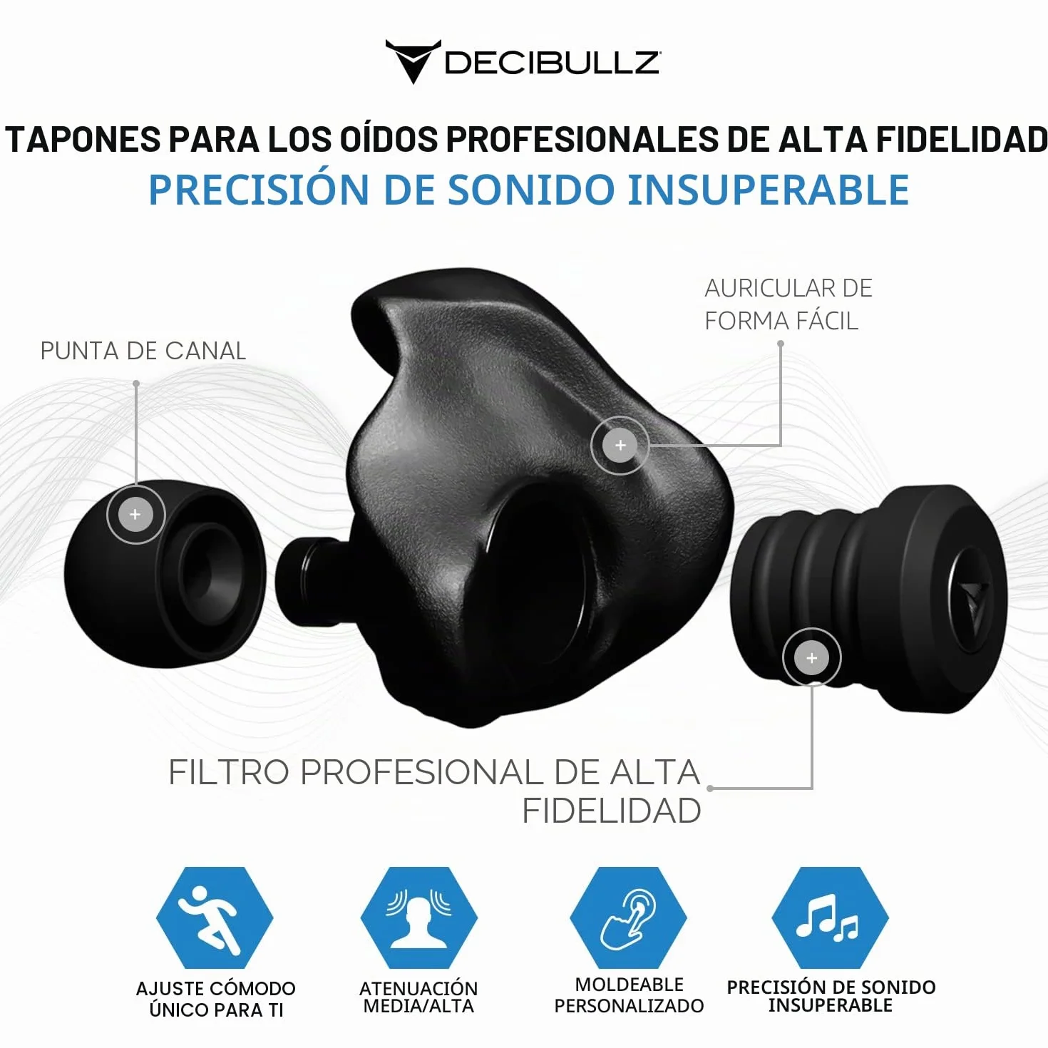 Decibullz Filtros de ruido moldeables profesionales con tecnología de filtración acústica profesional, perfectos para músicos, grabadores y asistentes a conciertos