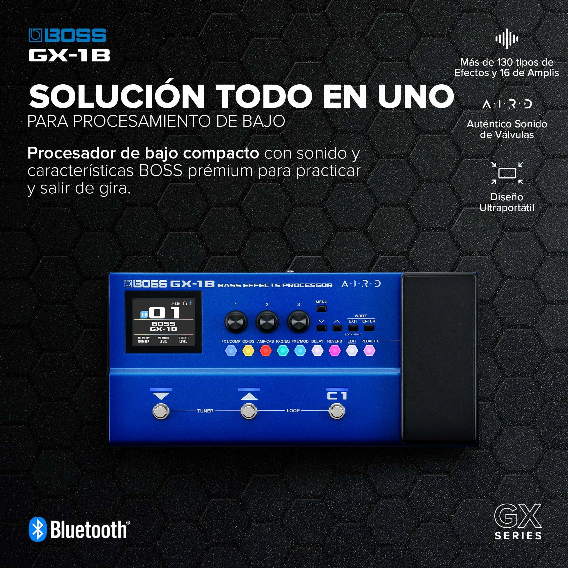BOSS GX-1B | Procesador de efectos de bajo ultraportátil | Repleto de amplis y efectos emblemáticos | Generador de sonido AIRD prémium | Ideal para bajistas principiantes | Conectividad Bluetooth