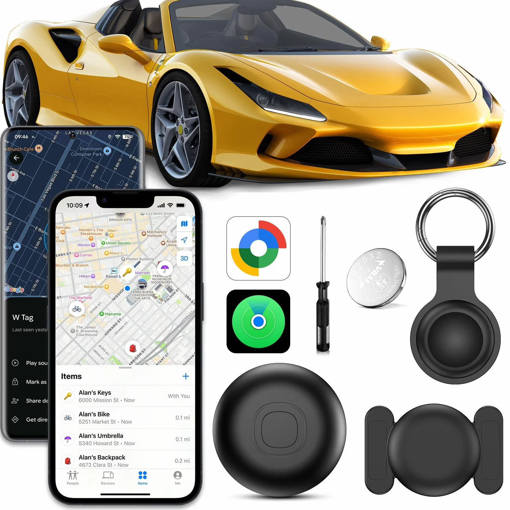 Localizador GPS para Coche sin Suscripción Bluetooth Compatible iOS Android con Funda Protectora Llavero Silicona Magnética Negro