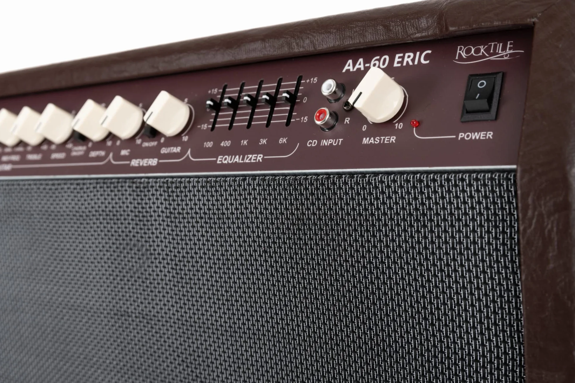 Rocktile AA-60 BN Eric Amplificador Acústico 60W, 2 Canales (micrófono y Guitarra), 2 Altavoces 10" + tweeters 2,5", Entrada AUX, Salida línea, Efectos Chorus y reverberación, marrón.
