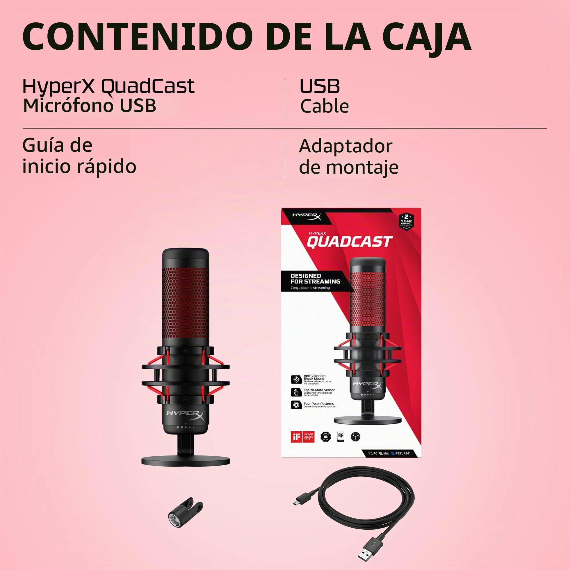 HyperX QuadCast - Micrófono de condensador USB, soporte de choque antivibración, cuatro patrones polares, filtro pop, control de ganancia, para PC, PS4, PS5 y Mac, Negro y Rojo