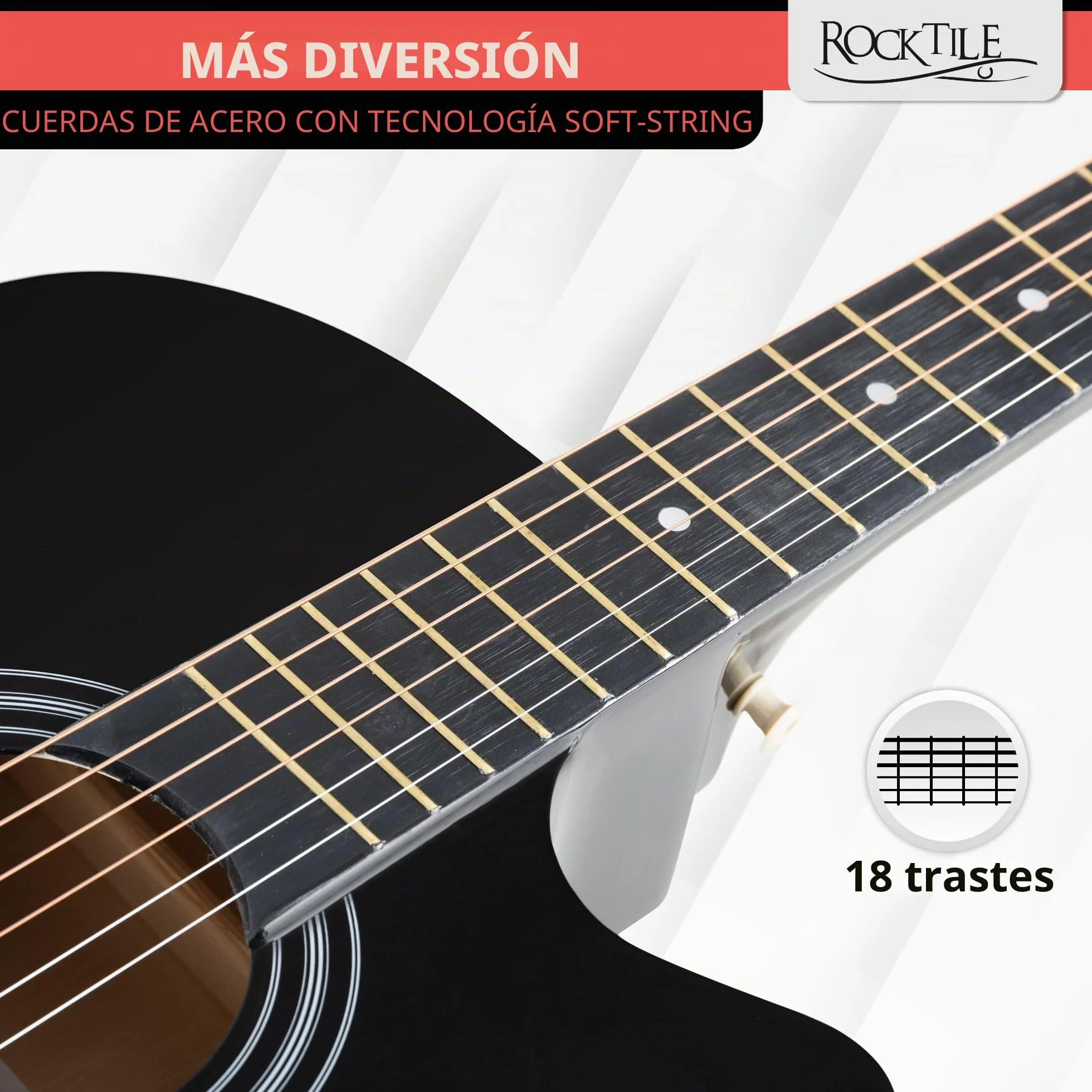 Rocktile WSD-5C-BK Slim Line Set De Guitarras Western - Guitarra Acústica Dreadnought - Cuerpo De Tilo - Mástil: Catalpa - Set Incluye Funda, Cuerdas De Repuesto, Correa Y Púas - Negro