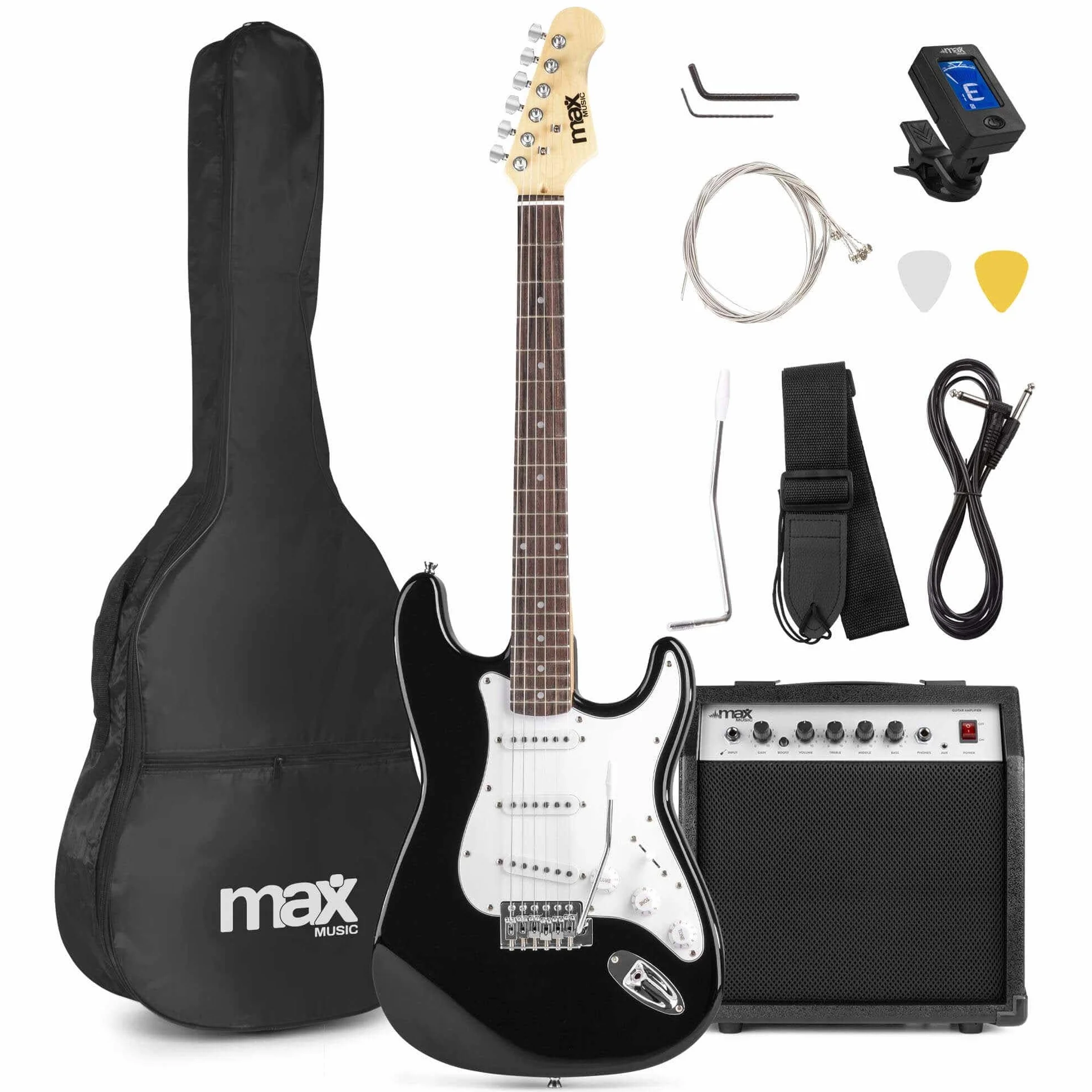 MAX GigKit - Pack de guitarra eléctrica con amplificador de guitarra de 40 vatios, soporte de suelo para guitarra, atril, funda de guitarra, afinador, cable, correa y accesorios - Negro
