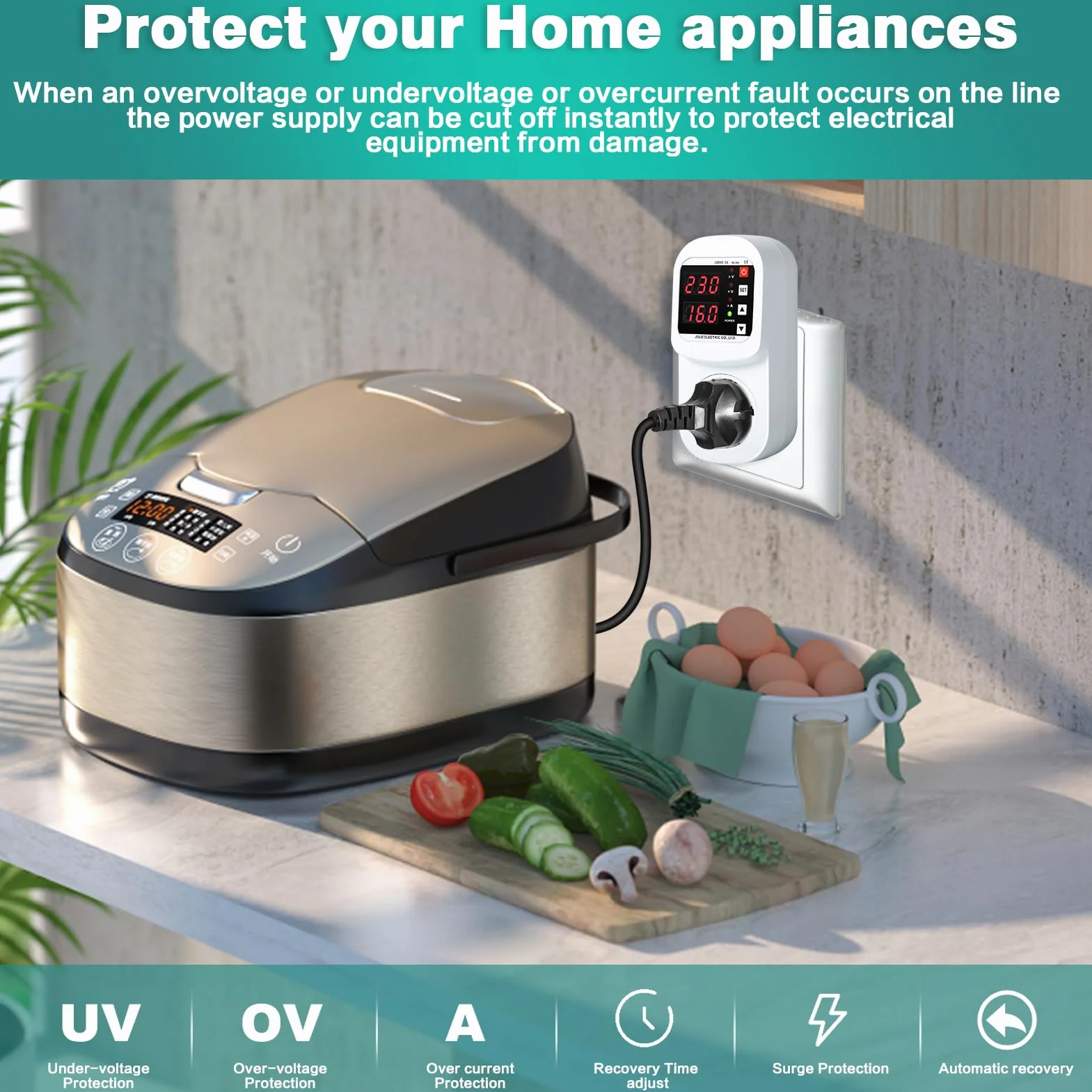 Jadeshay Adaptador de Protección contra Sobretensiones Dispositivo de Protección contra Sobretensión y Subtensión de Recuperación Automática AC220V 16A Protector de Enchufe para Electrodomésticos