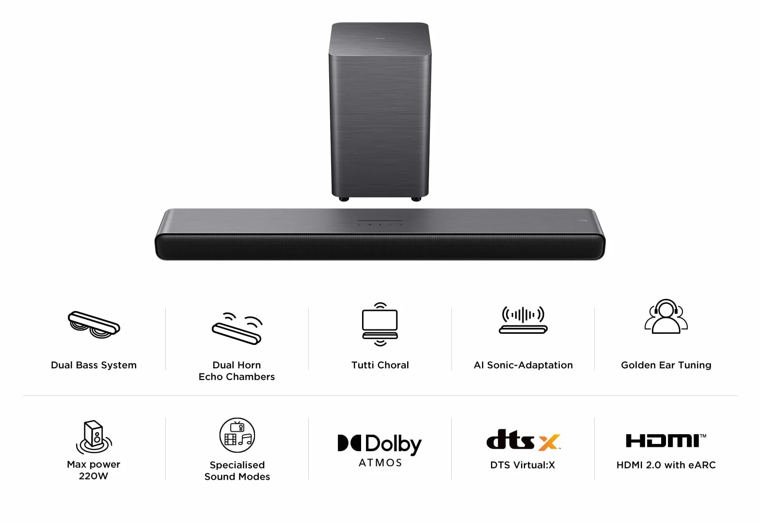 TCL S55HE Barra de Sonido 2.1 220W Subwoofer Inalámbrico Dolby Atmos DTS Virtual:X HDMI eARC Bluetooth 5.3