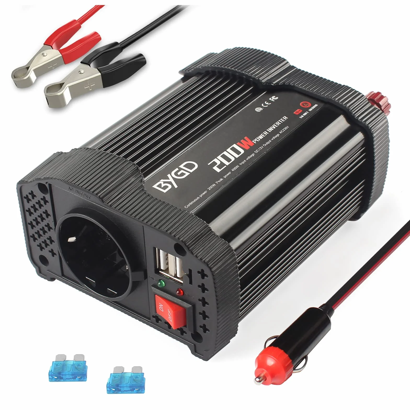 BYGD Inversor de Coche 200W/400W 12V DC a 220V 230V AC, Convertidor con Adaptador de Cargador de Coche Rápido USB Dual 3.1A, para iPad, iPhone, Tablet, Consolas y Cámping