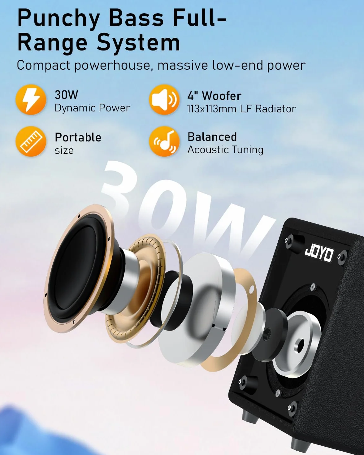 Joyo - Amplificador Combinado de bajo 30 W portátil – Altavoz de 4 Pulgadas, EQ 3 Bandas y compresor | Bluetooth 5.1 + grabación OTG, Salida de Auriculares para práctica Solo (Vibe Cube BA-30, Negro)