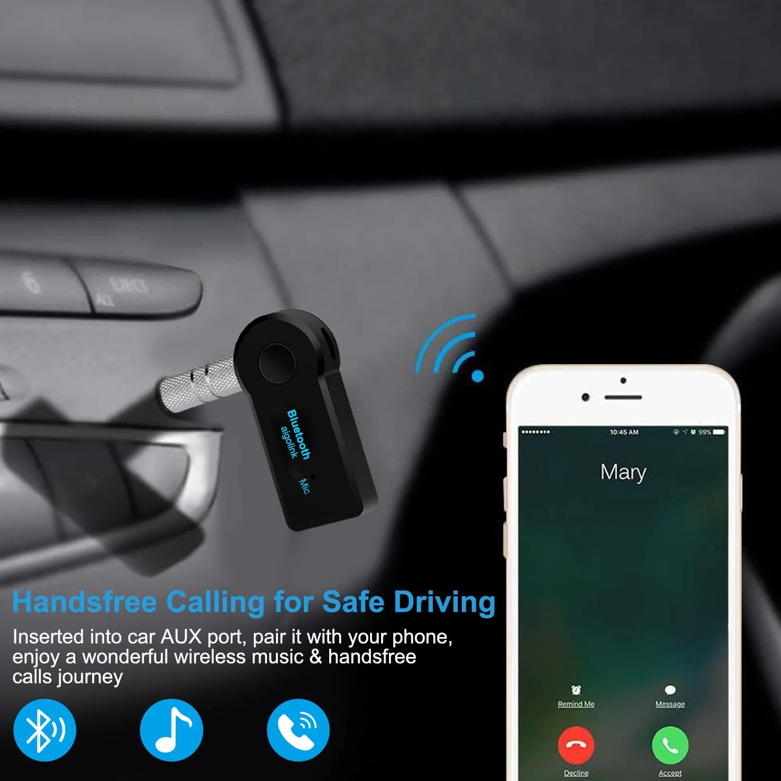 Receptor Bluetooth Jack 3.5mm, AUX Adaptador Audio Bluetooth con 8Hrs de Musica Streaming, Llamadas Manos Libres para Coche/Estéreo Domestico/Altavoz/Auriculares con Cable