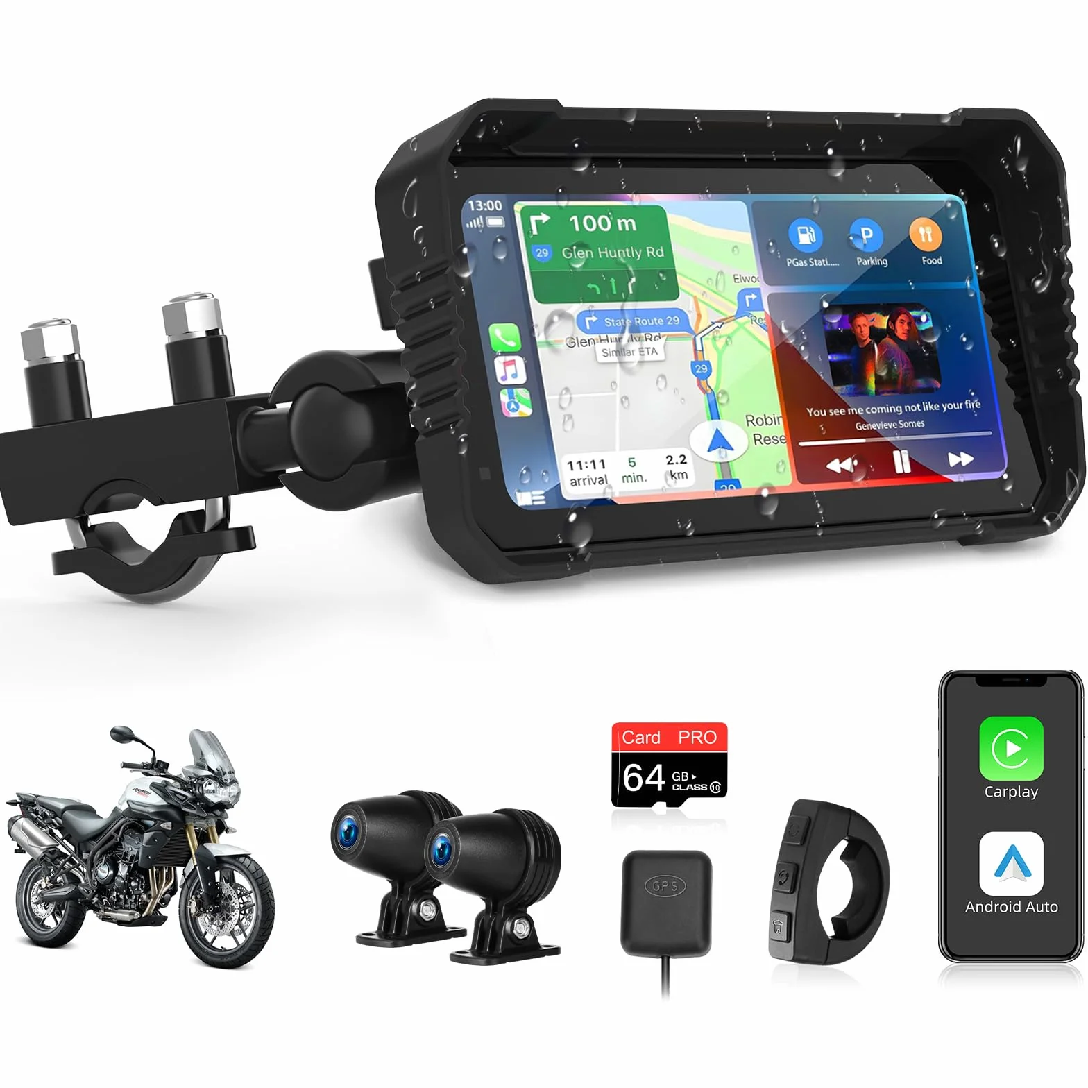 4K Carplay Android Auto 6.25 Pulgadas Pantalla Táctil Dashcam Delantera Trasera GPS IP67 Impermeable Doble Bluetooth Siri Google Assistant
