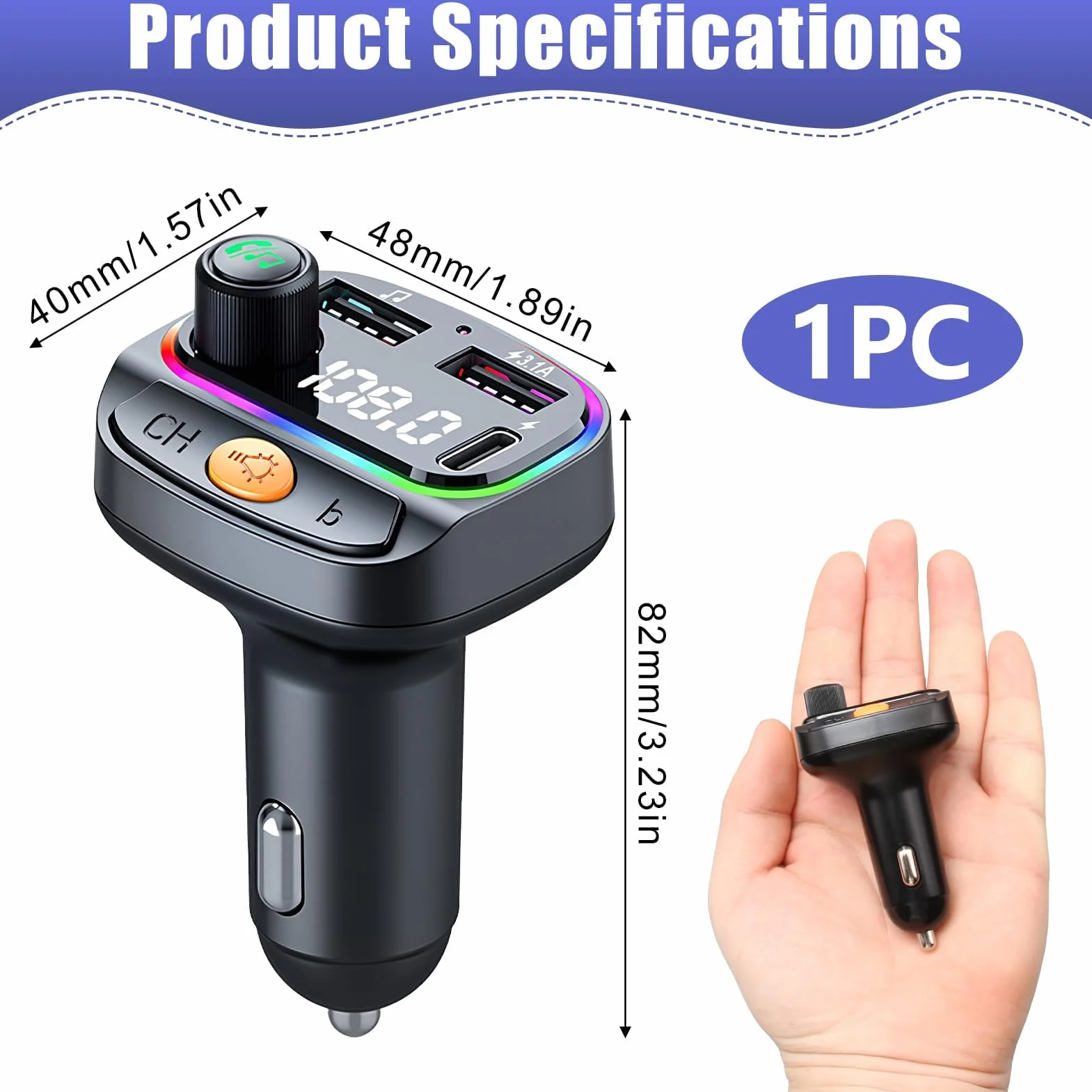 Transmisor FM Bluetooth Coche, Adaptador Bluetooth Radio Coche, Manos Libres, Radio Inalámbrica 5.0, Reproductor MP3, Soporte de Graves Hi-Fi, con luz Ambiental