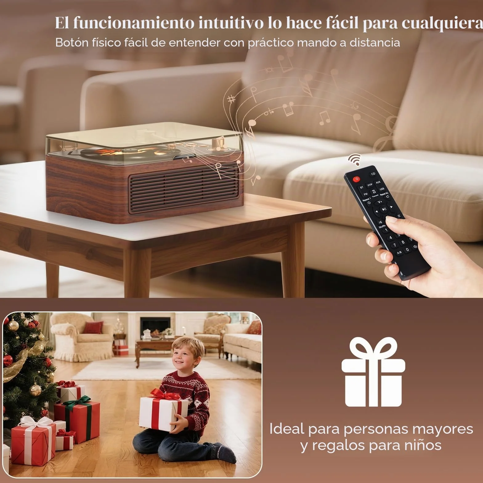 Kegaudio Reproductor CD Portatil Bluetooth con Radio y Mando a Distancia USB AUX Nogal