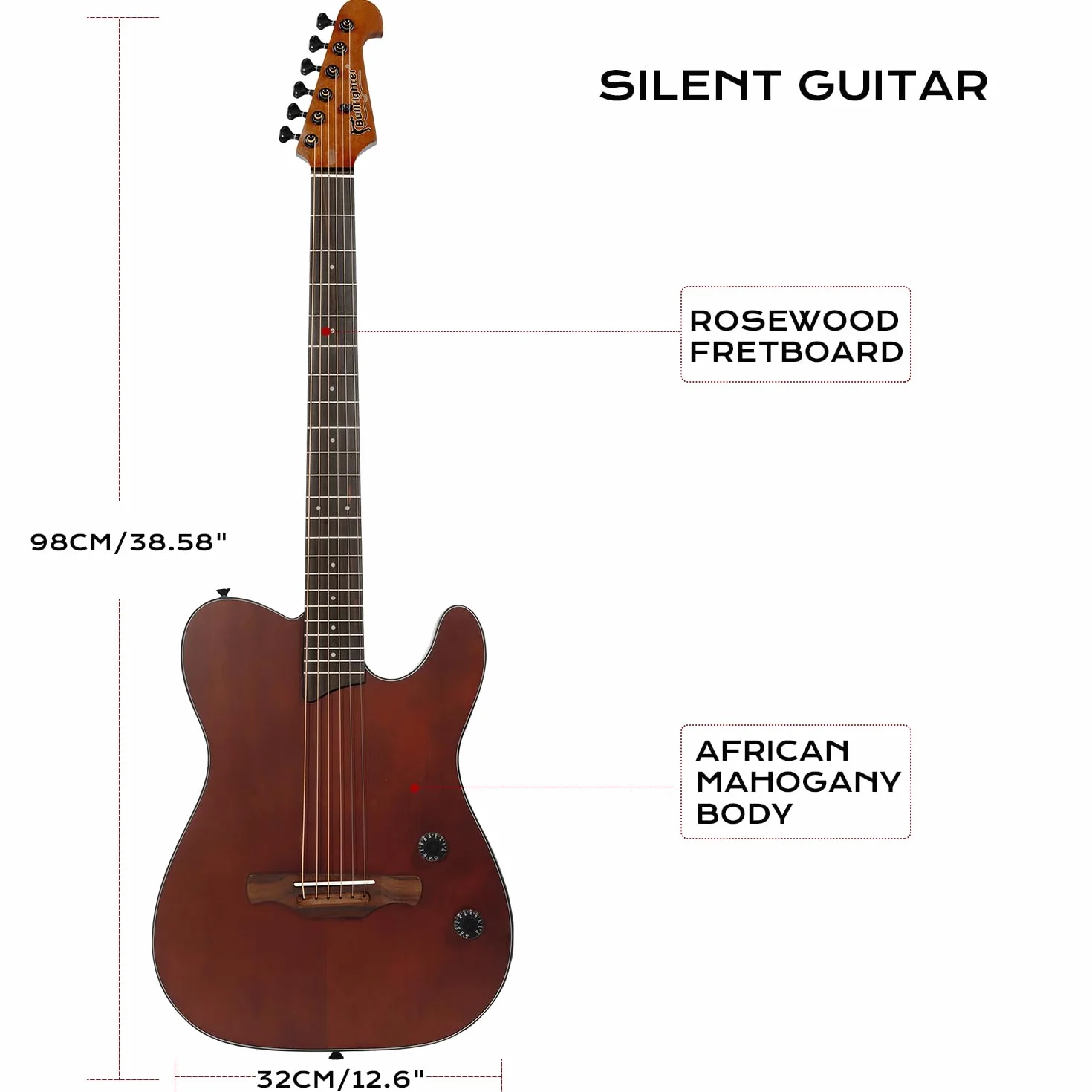Guitarra acústica silenciosa con pastillas integradas portátil, eléctrica y acústica guitarra clásica para músico viajero y principiante incluye: funda, correa, cuerdas de acero, cable y púas (Marrón)