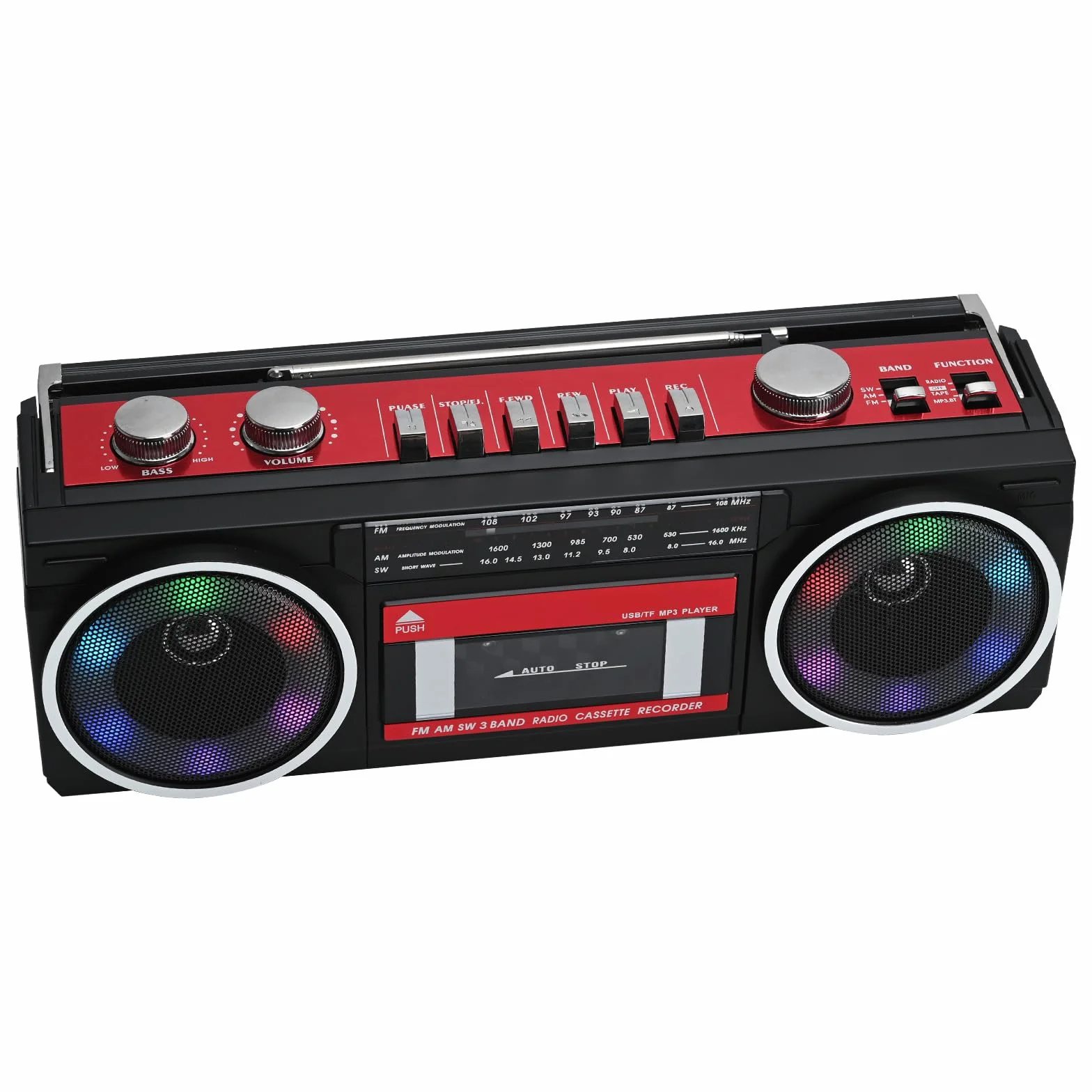 Reproductor de Casete portátil Boombox, Radio estéreo Am/FM/SW, Reproductor de Casete, grabadora de MP3, Bluetooth, USB, Luces RGB, Tarjeta TF (Rojo)
