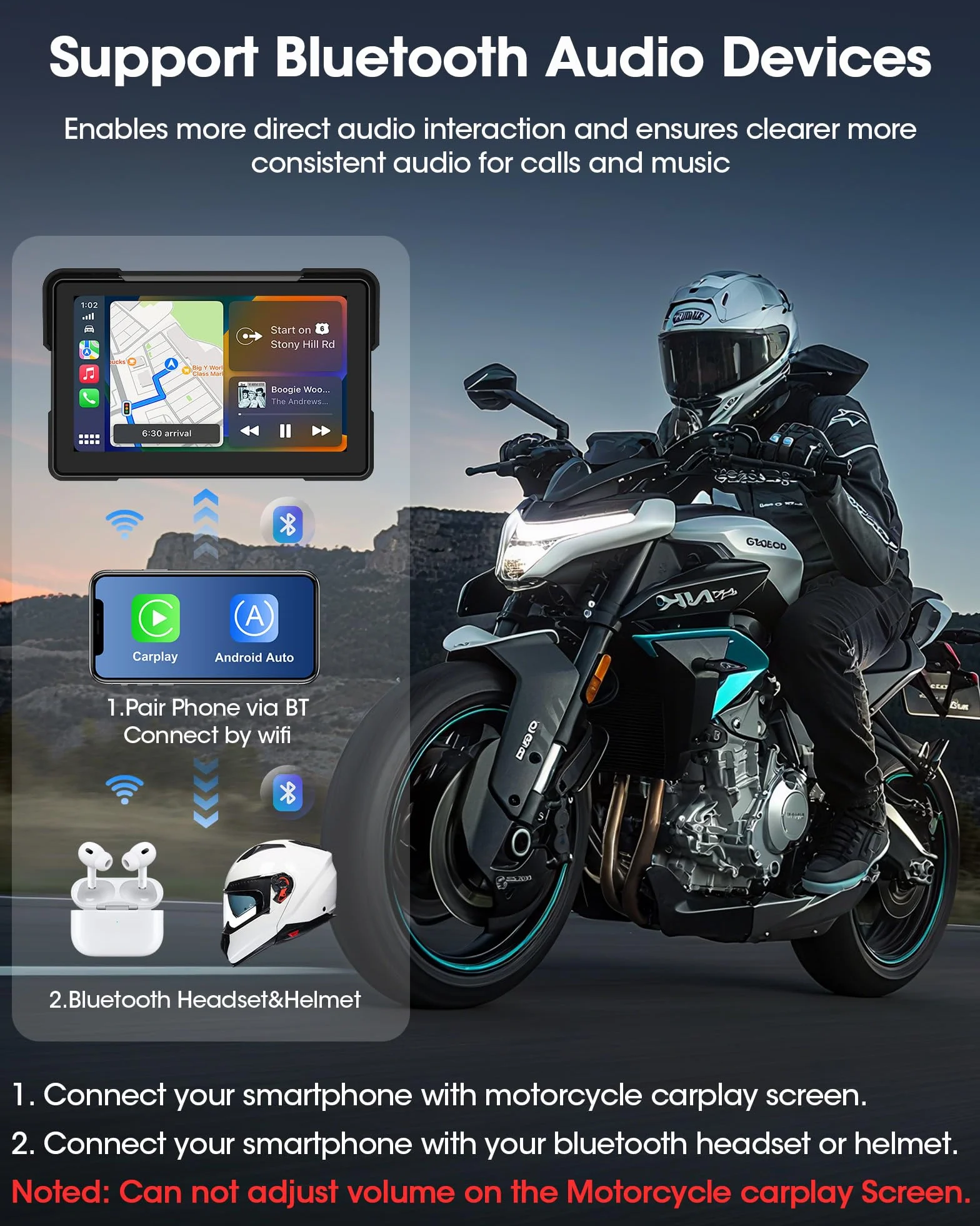 7 Pulgadas Carplay Moto Android Auto Moto Pantalla Carplay Portátil Inalámbrica con Navegador para Motocicletas, Siri/Asistente de G-oogle, Bluetooth, Impermeable IP67 para Viaje al Trabajo
