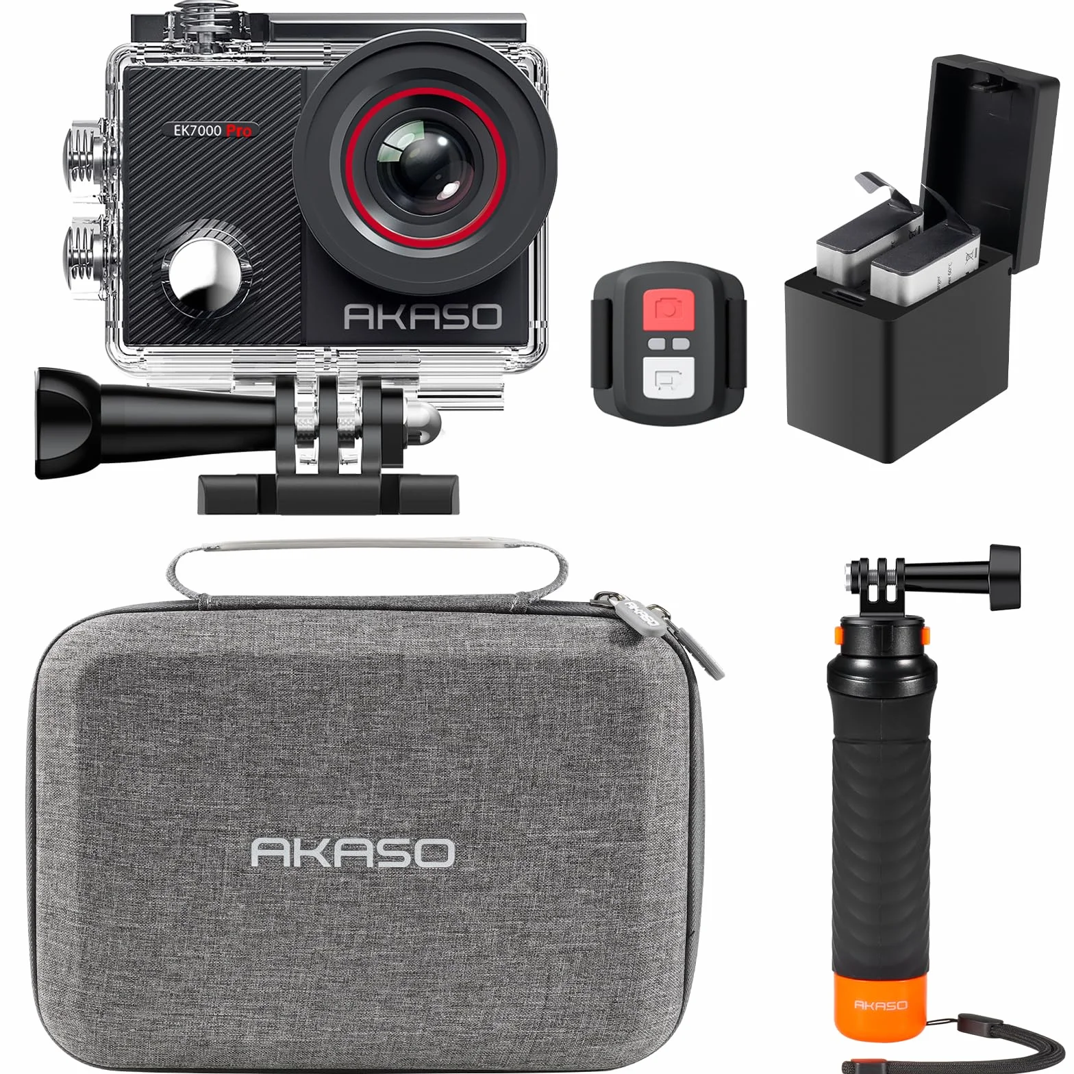 AKASO EK7000 Pro Cámara Deportiva 4K WiFi 20MP Cámara de Acción Sumergible con Empuñadura Flotante, 2 Baterías