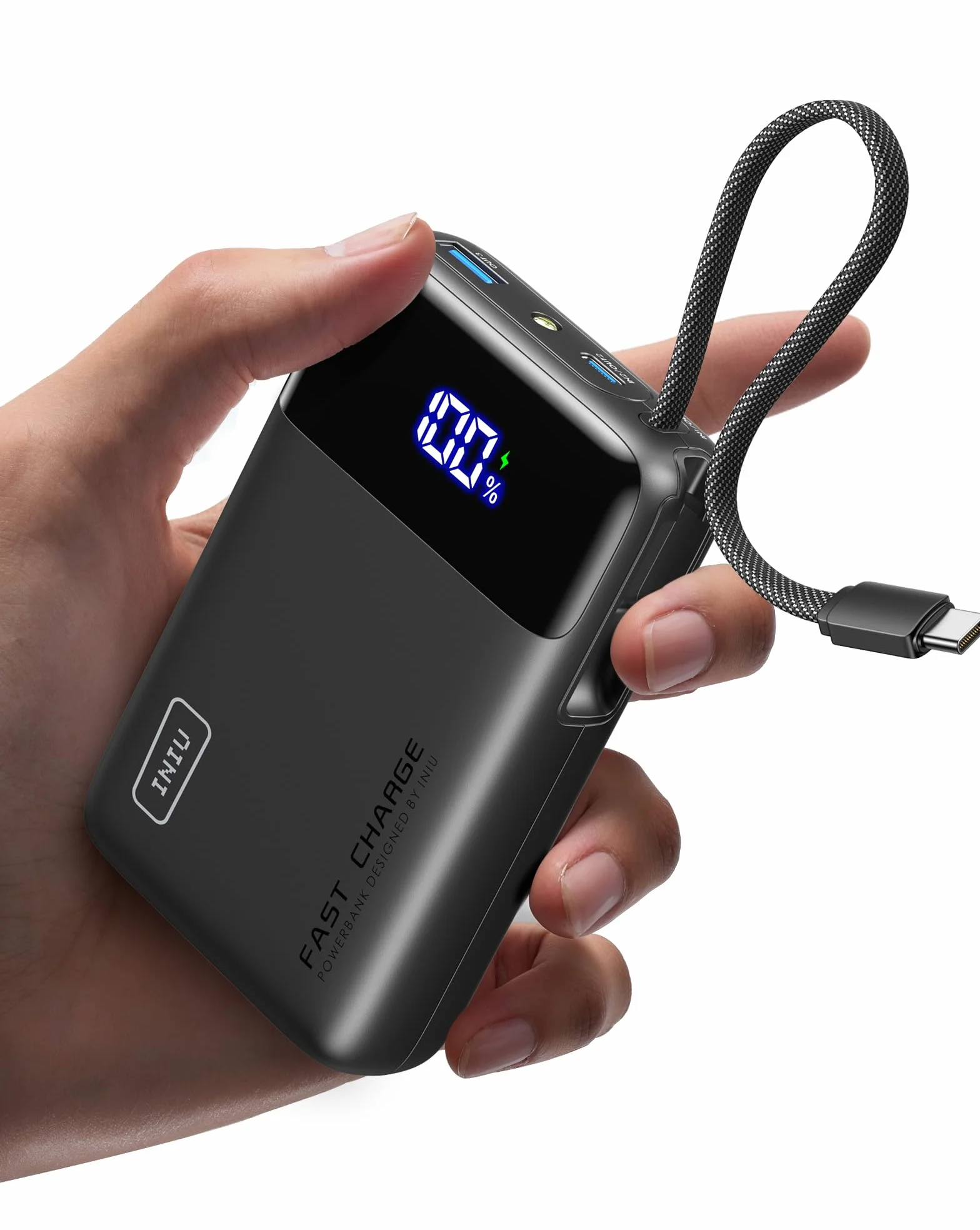 INIU Power Bank 20000mAh 45W Carga Rapida Bateria Externa con Cable USB-C Integrado para iPhone iPad Samsung Xiaomi