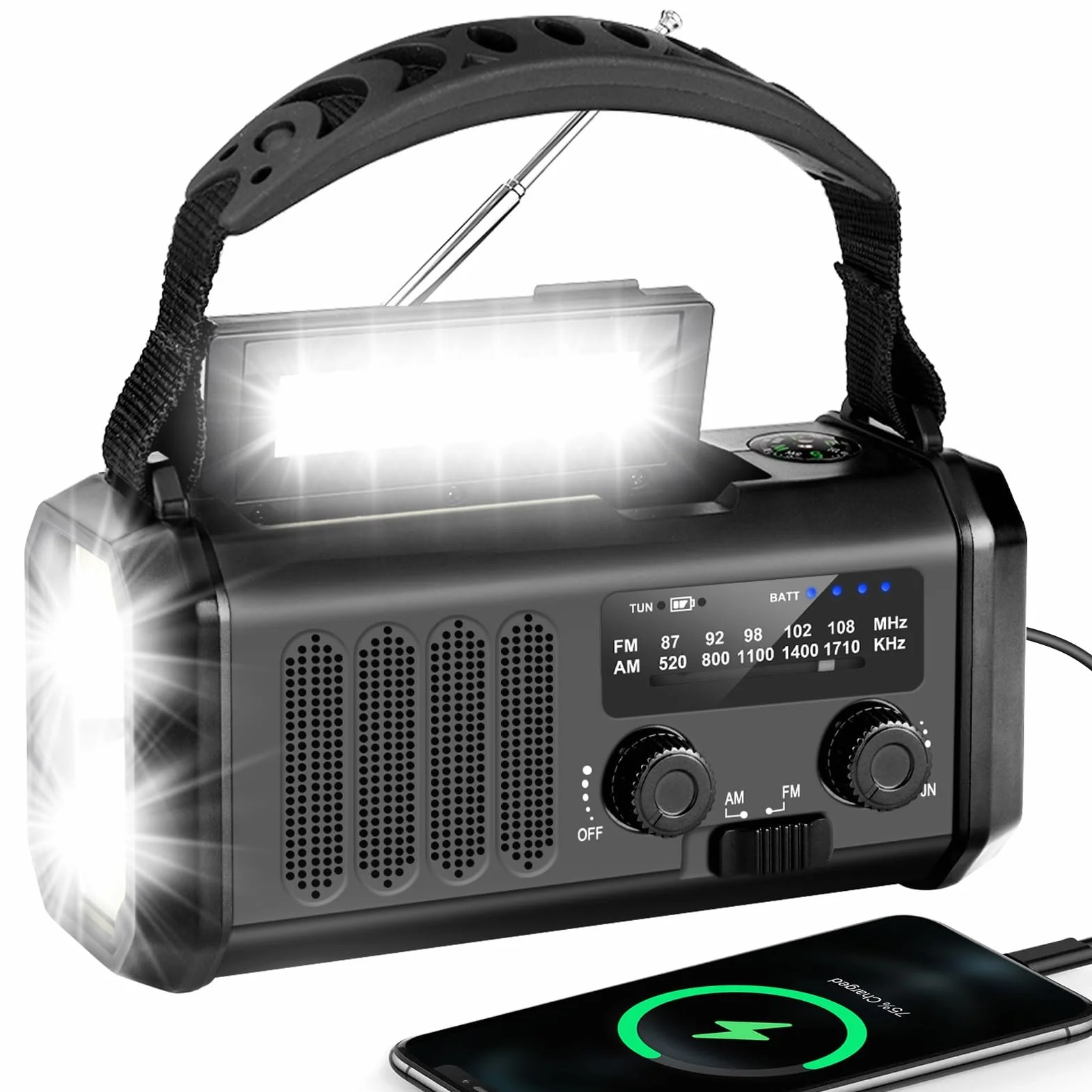 YIKANWEN Radio de manivela recargable 20000mAh, AM FM, Banco de energía, luz LED, Alarma SOS, brújula, Negro