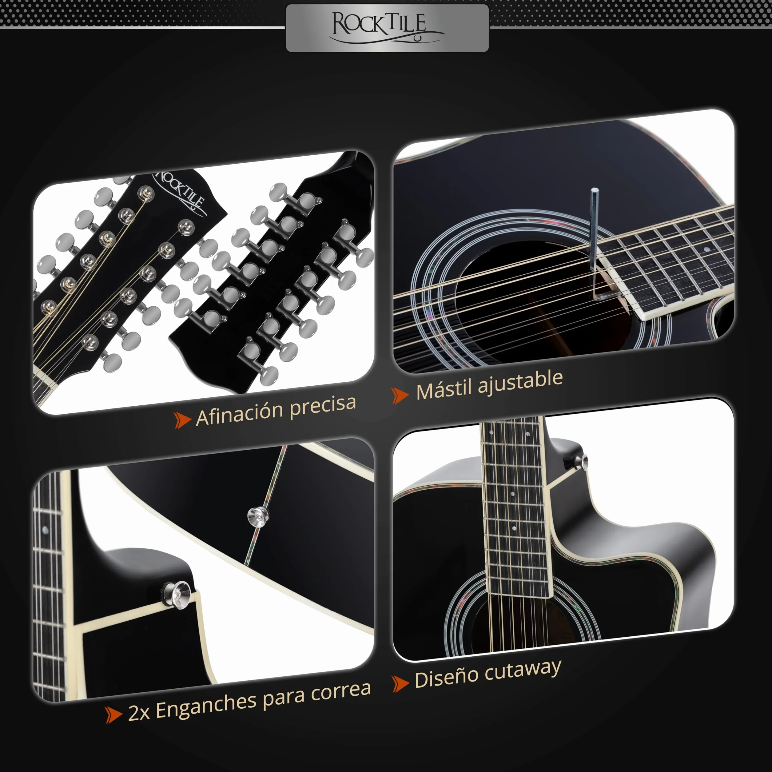 Rocktile WSD12-50C-BK Guitarra Western - Dreadnought De 12 Cuerdas Con Cutaway - Tapa De Abeto Y Cuerpo De Caoba - Diapasón De Palisandro - Acabado Gloss - Negro