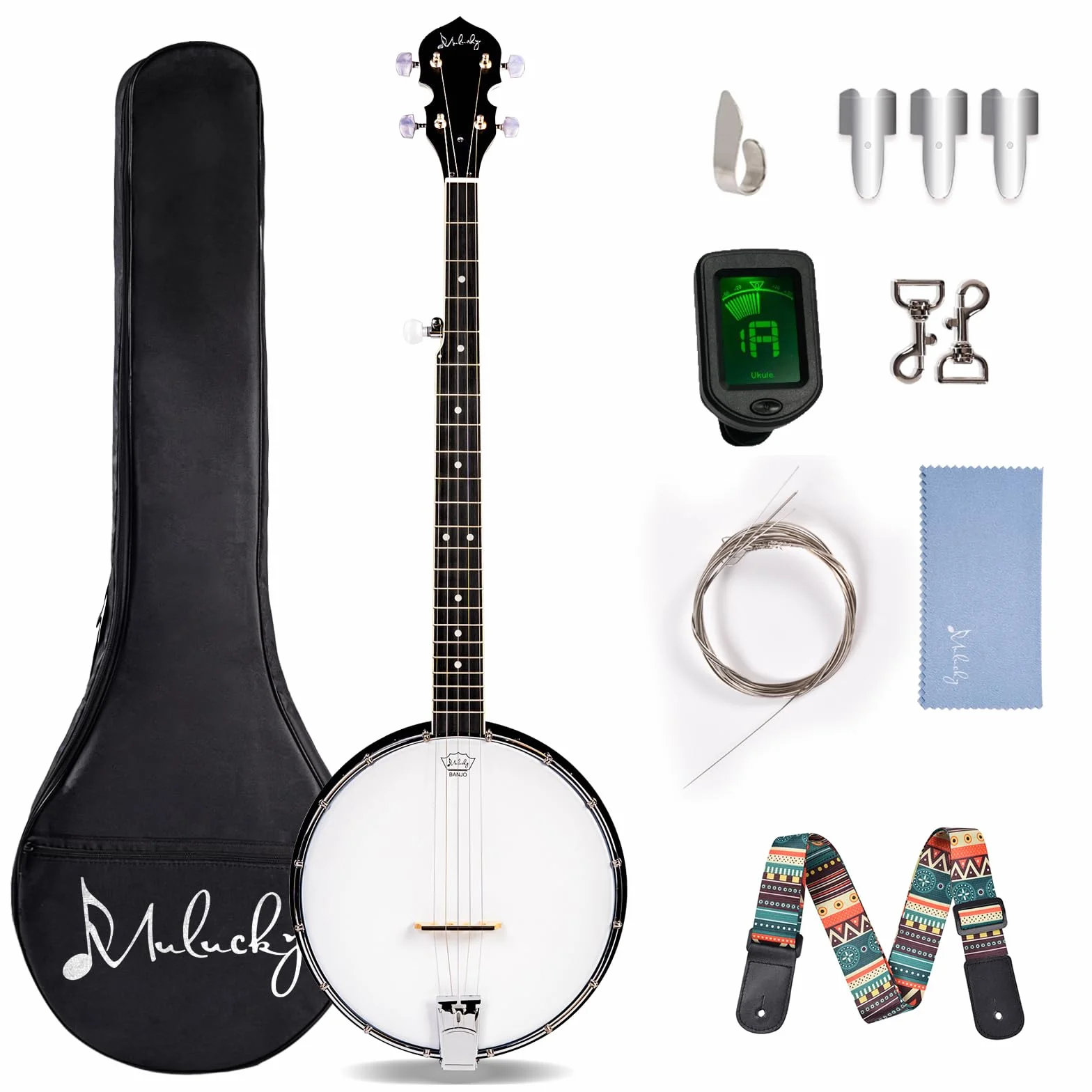 Mulucky Banjo de 5 cuerdas, parte trasera abierta, afinador 5º engranado, paquete de regalo con kit para principiantes - MB1102