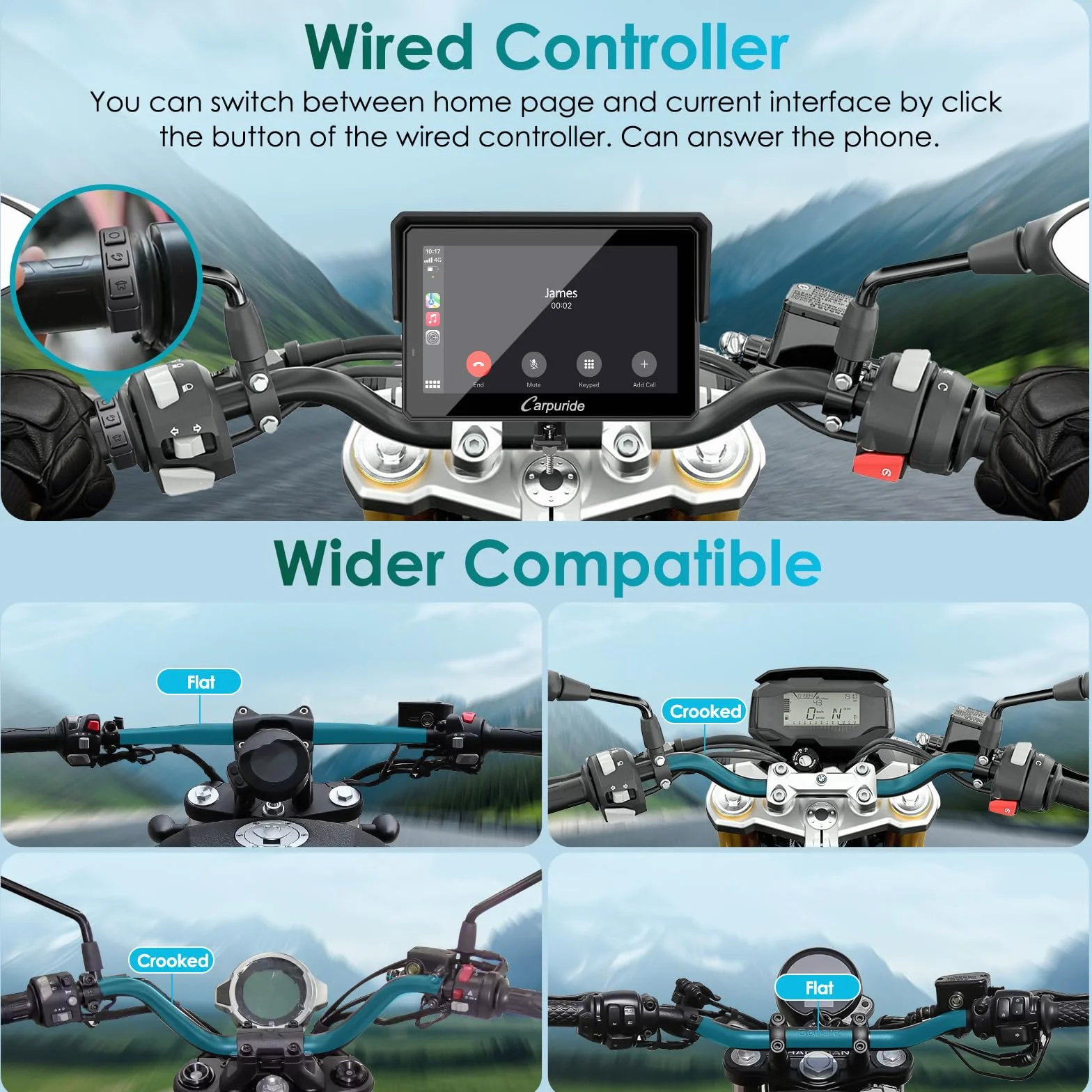 Carpuride W502S Pro GPS Inalámbrico para Motocicleta con Carplay Android Auto Pantalla Táctil Impermeable 5" Soporte BM05 Bluetooth