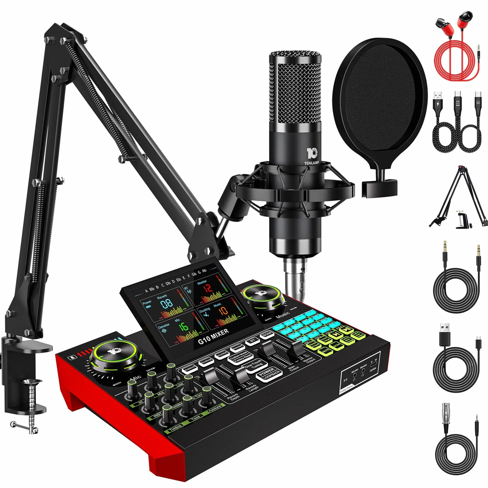 Equipo de podcast con tarjeta de sonido en vivo, mezclador de audio y micrófono de condensador de 3,5 mm para canto en vivo, creación de contenido en streaming y tablero de sonido con soporte para