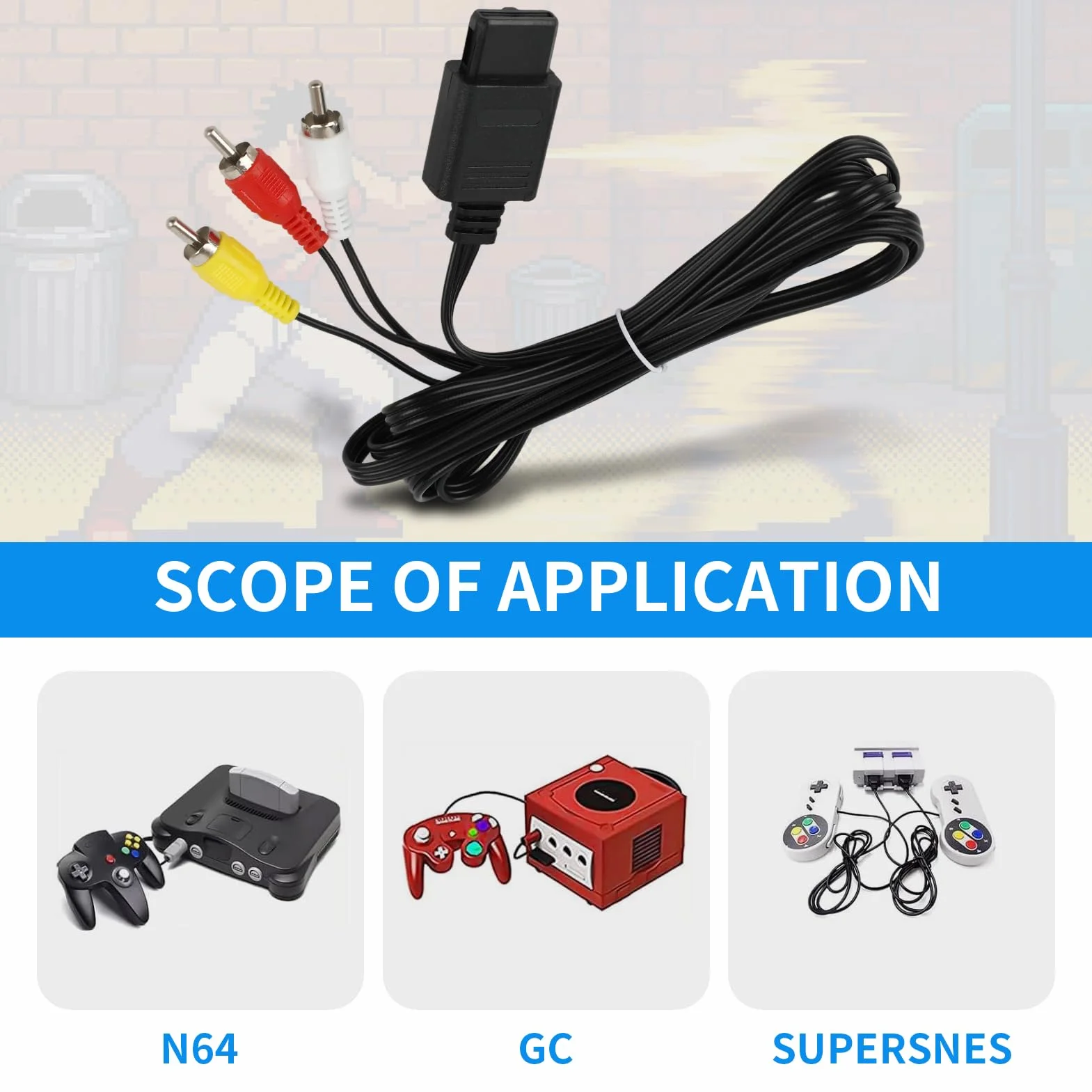 Cable AV para Nintendo Gamecube, N64 y SNES – Cable RCA de audio estéreo y vídeo de 1,75 m (5,8 ft) para alta resolución de imagen y sonido – para televisores y monitores