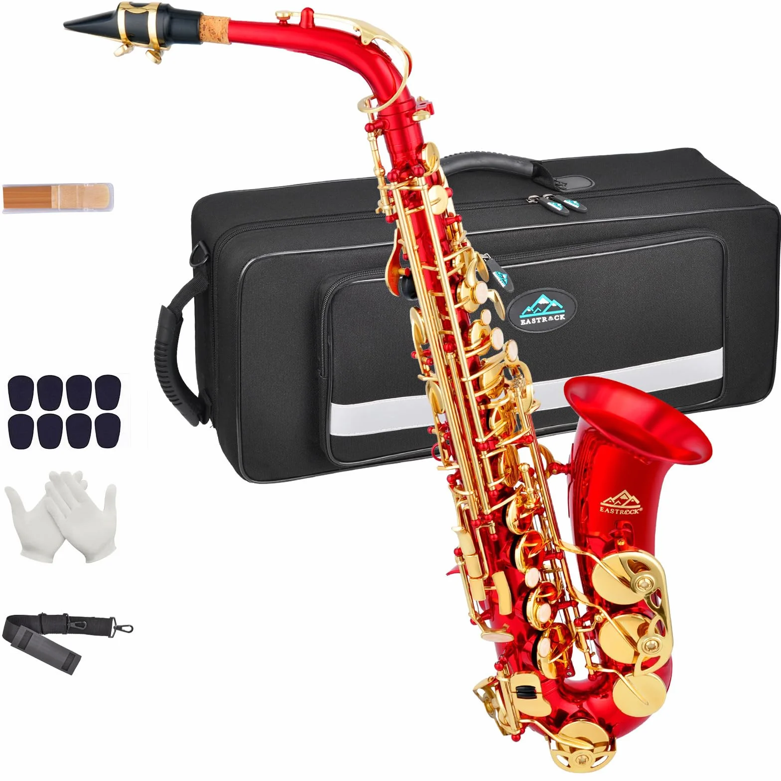 EASTROCK Kit completo de saxofón alto E plano para estudiantes principiantes con funda de transporte, boquilla, almohadillas para boquilla, guantes blancos, correa para el cuello