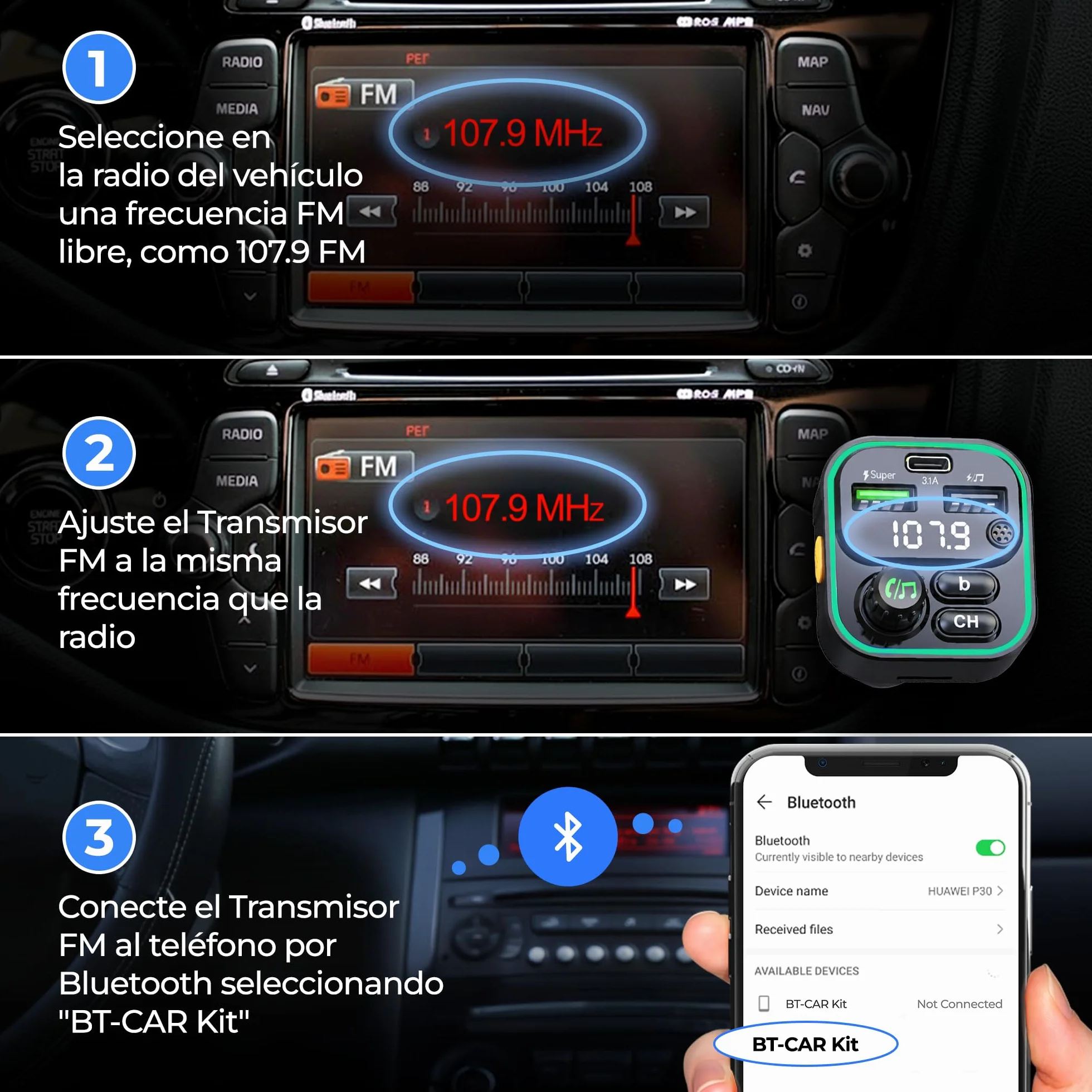 Transmisor FM Bluetooth Coche, Manos Libres, Adaptador Mechero MP3 con Doble USB Carga Rápida 22.5W/4.5A y Tipo C