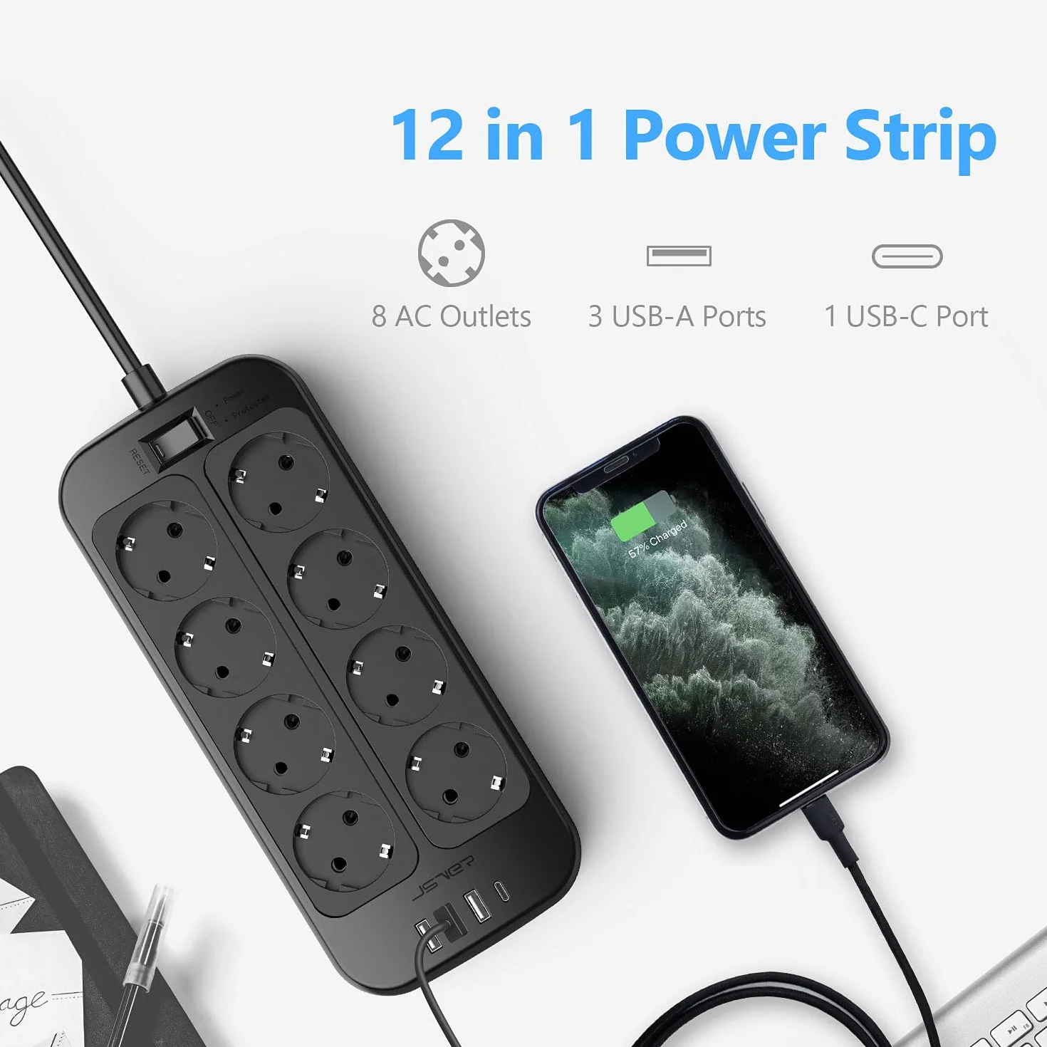 JSVER Regleta Enchufes USB 8 Tomas 4 Puertos 5V3.4A Protección Sobretensión Cable 1.8m Negro