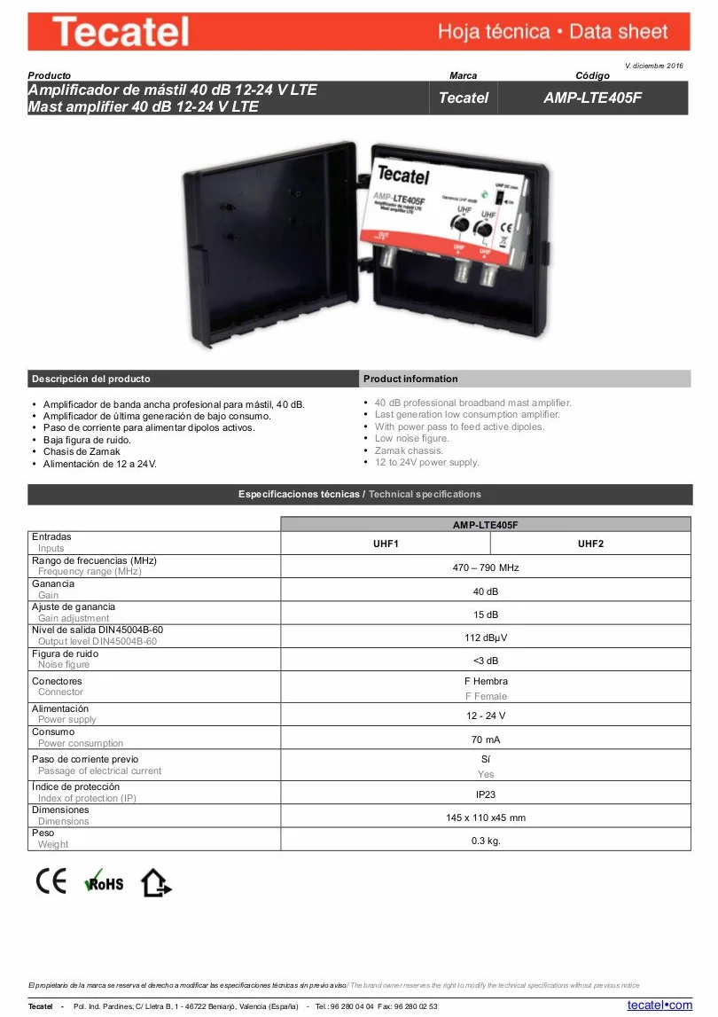 Tecatel AMP-LTE405F - Amplificador mástil 40 dB UHF-UHF LTE, Color Blanco