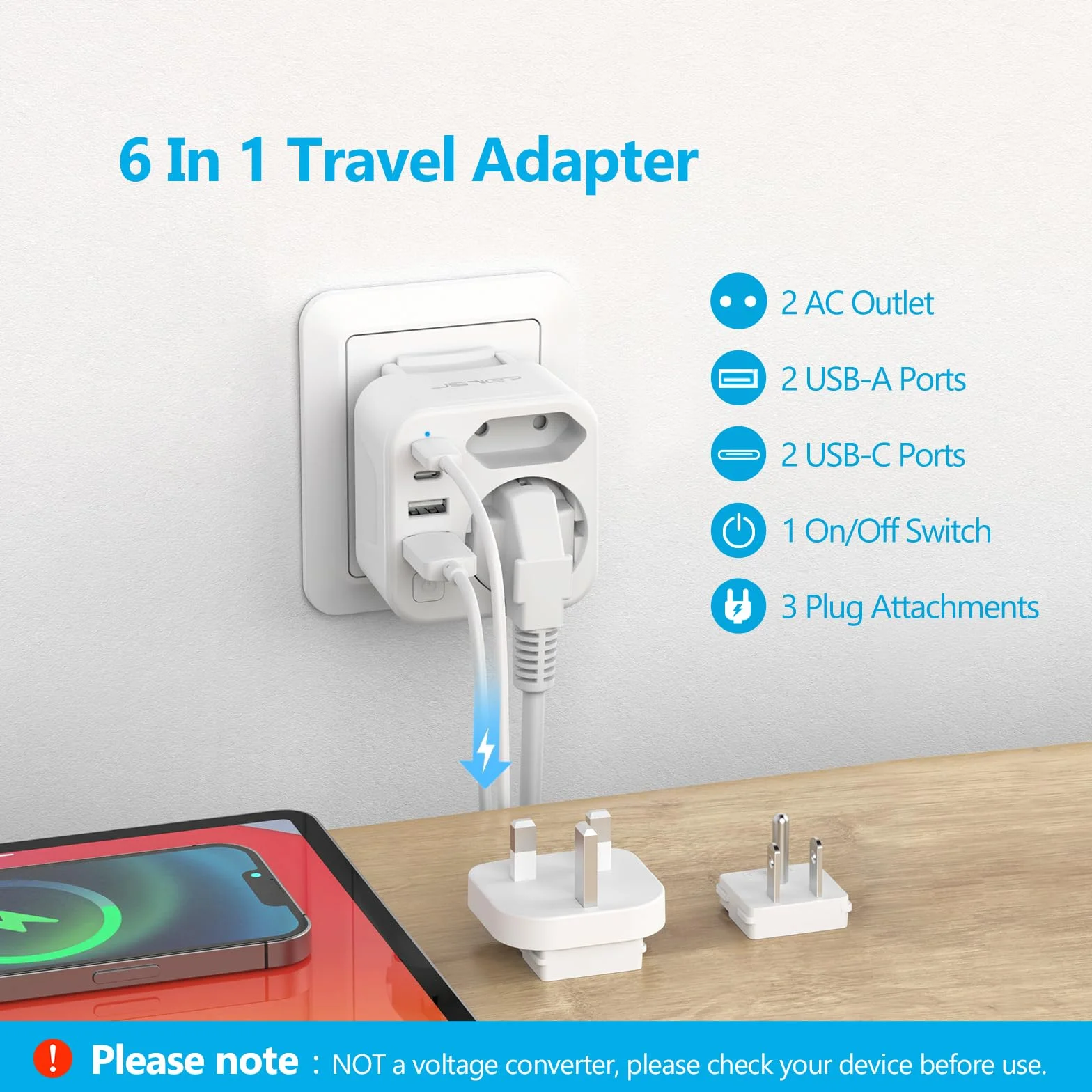 JSVER Adaptador de Enchufe Universal con 2 Enchufes Reemplazables Tipo B/G y 2 Enchufes de CA,4 Puertos USB, Cargador para España, EE. UU., Reino Unido, Canadá, México, HK (Blanco)