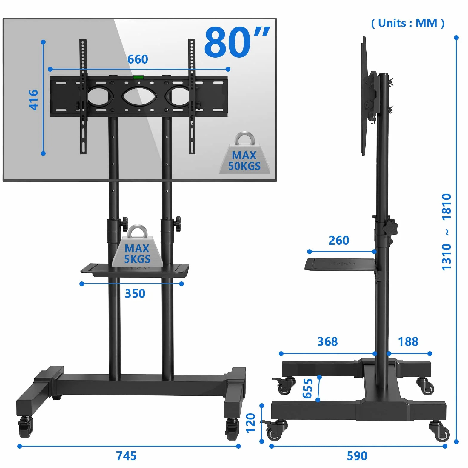 RFIVER Soporte TV Pie Ruedas para Television de 32 43 50 55 65 75 80 Pulgadas - Tele Televisor Soportes Pie Inclinable - Soporte TV Suelo Altura Ajustable Movil | MAX Vesa 600x400mm 50 KG