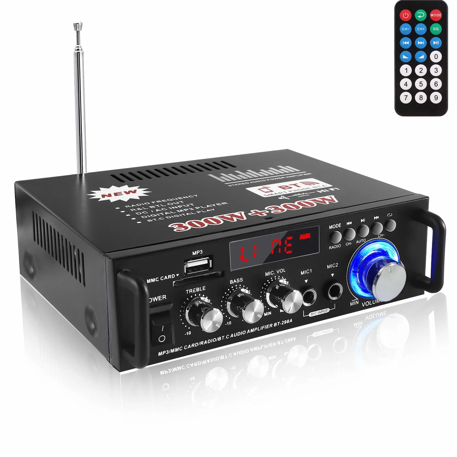 Amplificador Audio HiFi 600W con Bluetooth 5.0, 12V 220V 2 Canales, Pantalla LCD, Alta Fidelidad, Radio FM Portátil, SD Card/USB Input, para Hogar o Coche
